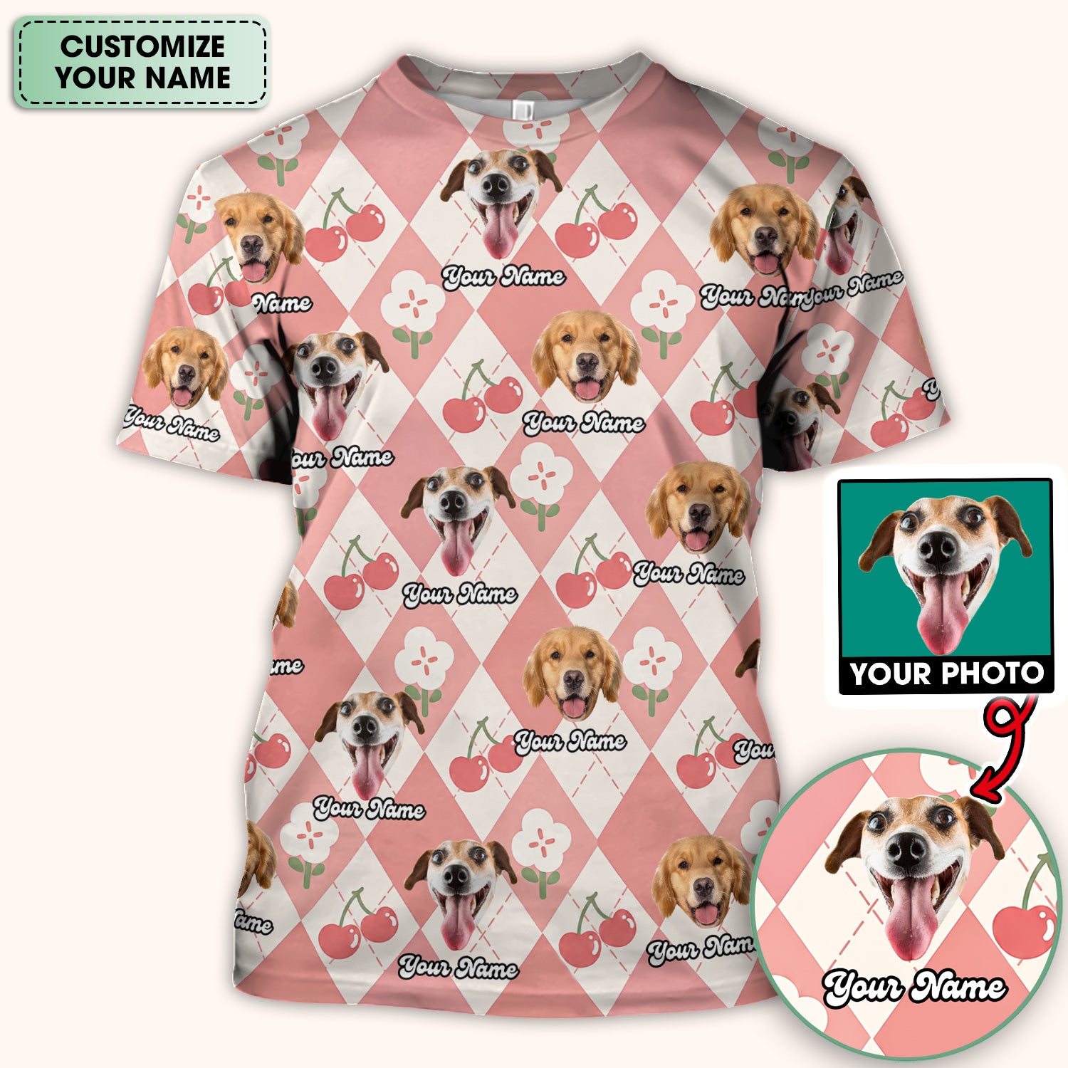 Custom Dog Face Scrub Top, Playful Dog Cherry Argyle Pattern Shirt, Comfortable Scrubs for Nurses