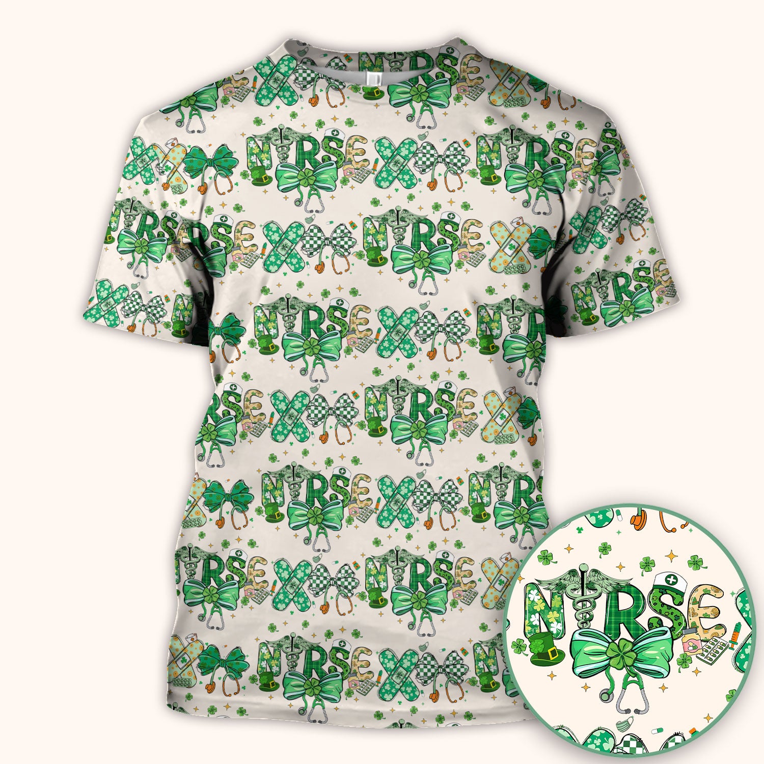 St. Patrick’s Nurse Scrub Top, Lucky Clover And Green Bow Pattern Nurse Shirt, Breathable Fabrics Nursing Uniform