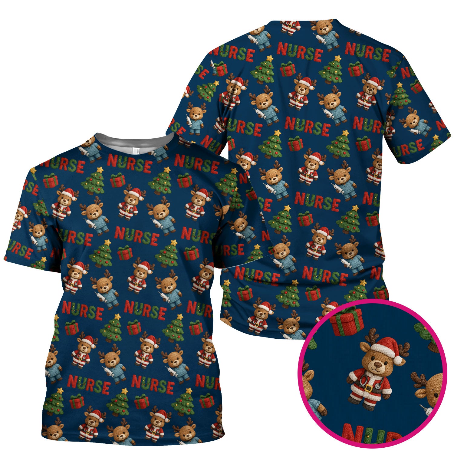 Reindeer Christmas Scrub Top, Cute Holiday Nurse Scrub Shirt, Festive Pattern Nursing Uniform