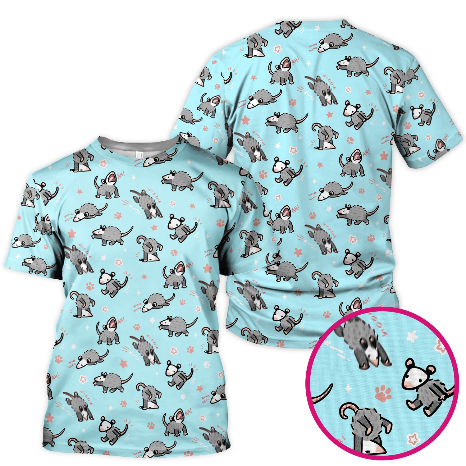 Playful Cartoon Opossum Character Pattern Scrub Top, Breathable Fabrics Nursing Uniform