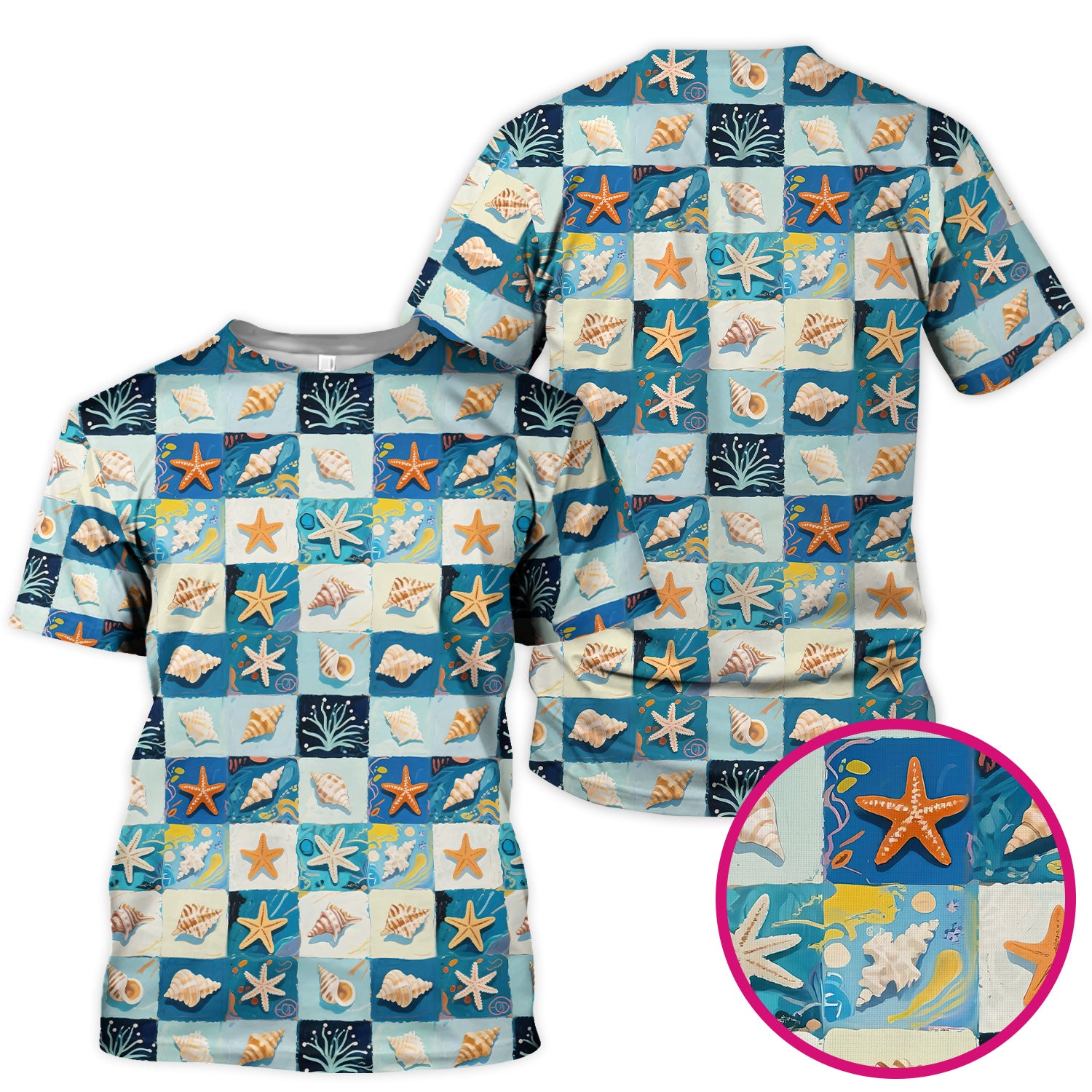 Cute Seashell Starfish Ocean Tile Pattern Scrub Top, Comfortable Scrubs for Nurses