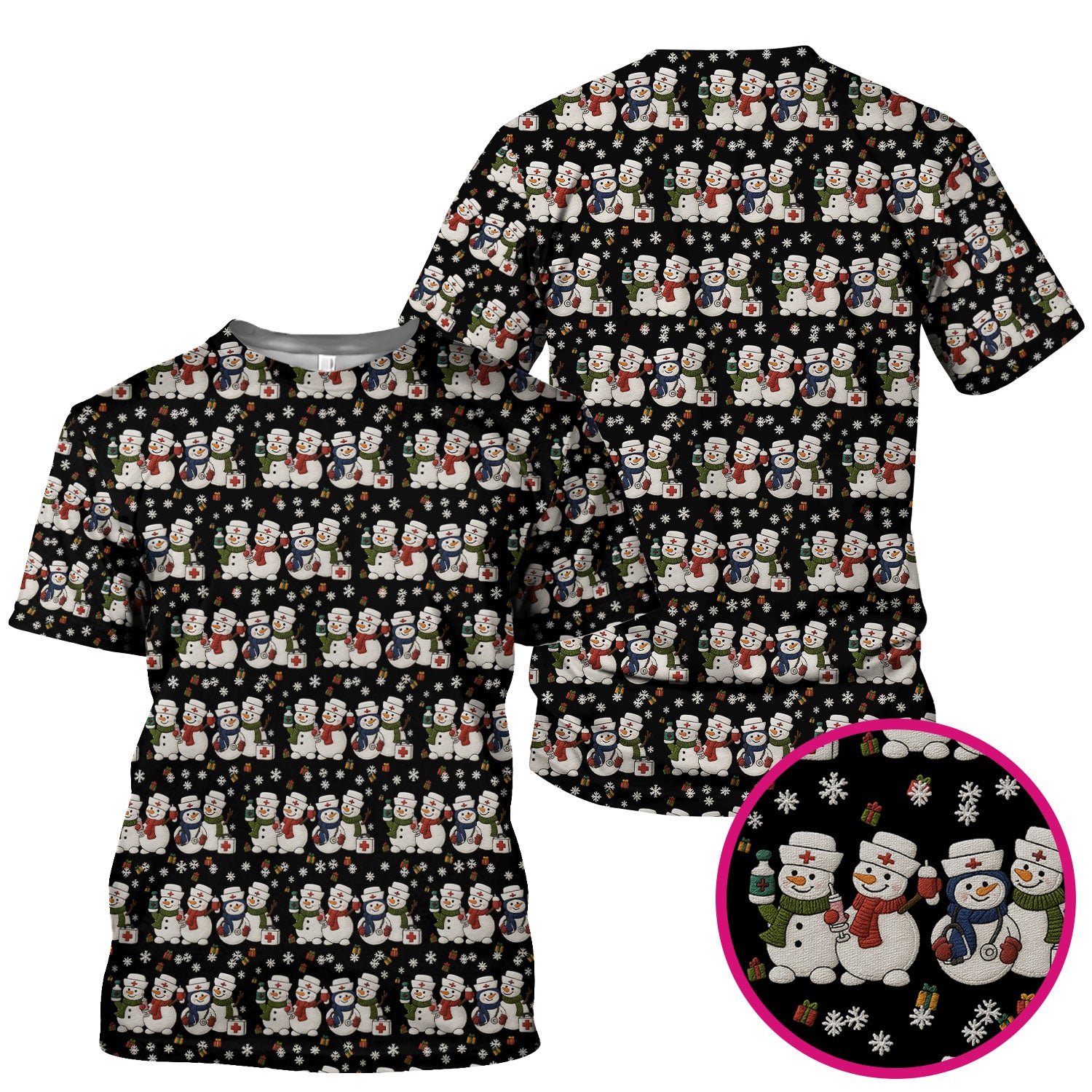 Cute Christmas Snowman Nurse Pattern Scrub Top, Breathable Fabrics Nursing Uniform