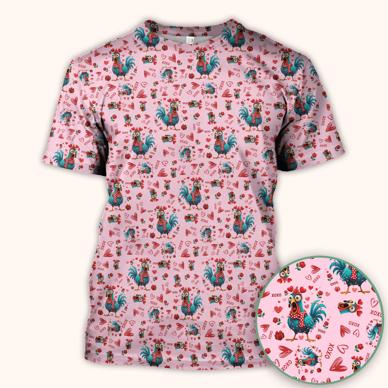 Funny Rooster Valentine Scrub Top, Cute Chicken XOXO Heart Pattern Nurse Shirt, Breathable Fabrics Nursing Uniform