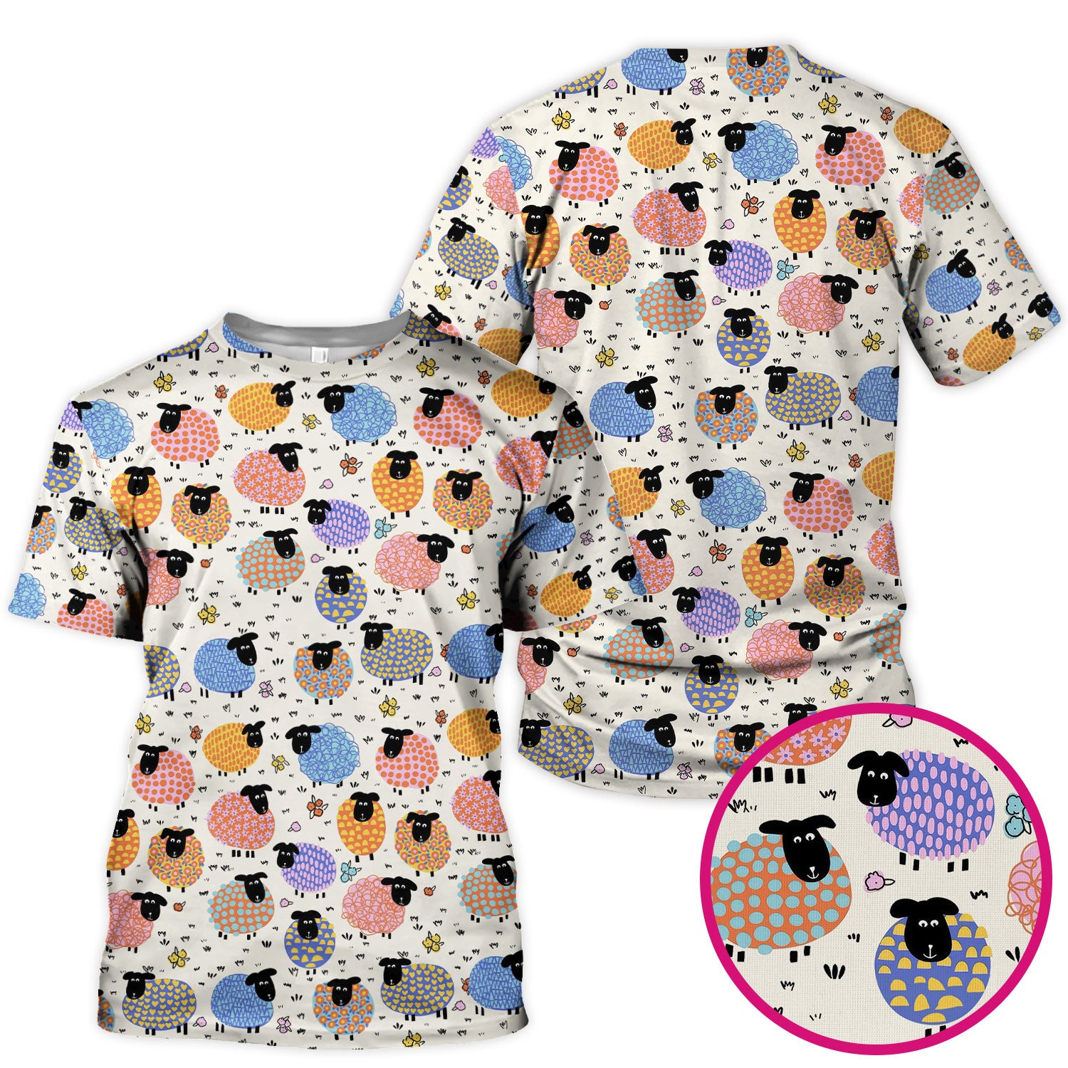 Adorable Colorful Sheep Pattern Scrubs Top, Breathable Fabrics Nursing Uniform