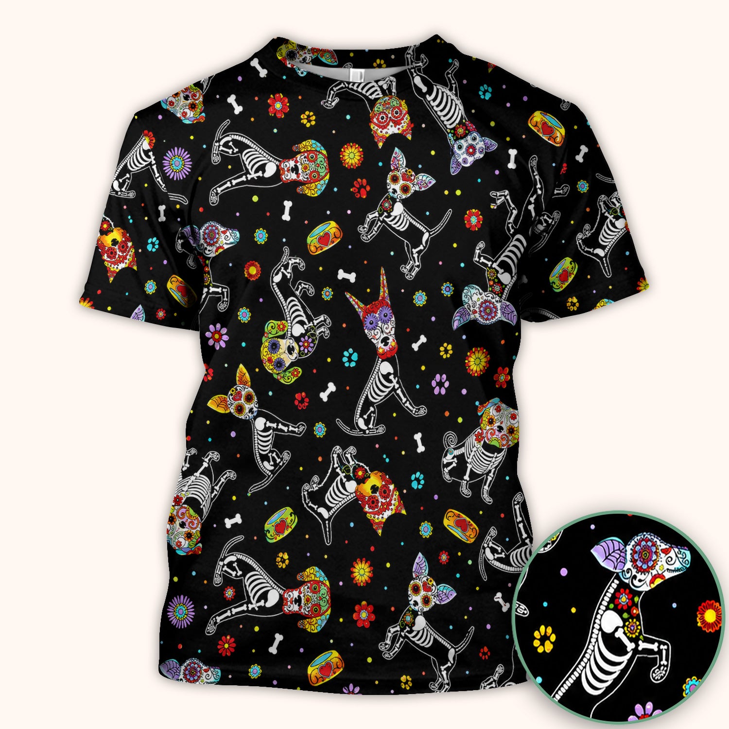 Colorful Day Of The Dead Dogs Scrub Top, Comfortable Scrubs for Nurses