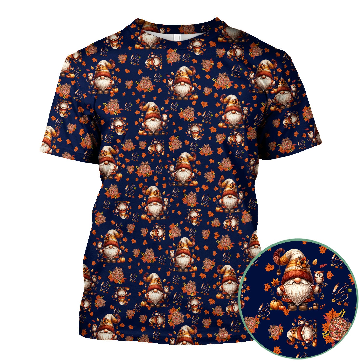Fall Gnome Nurse Scrub Top for Women - Autumn Leaves Pumpkin Shirts - Thanksgiving Nursing Uniform Gift for RN LPN CNA