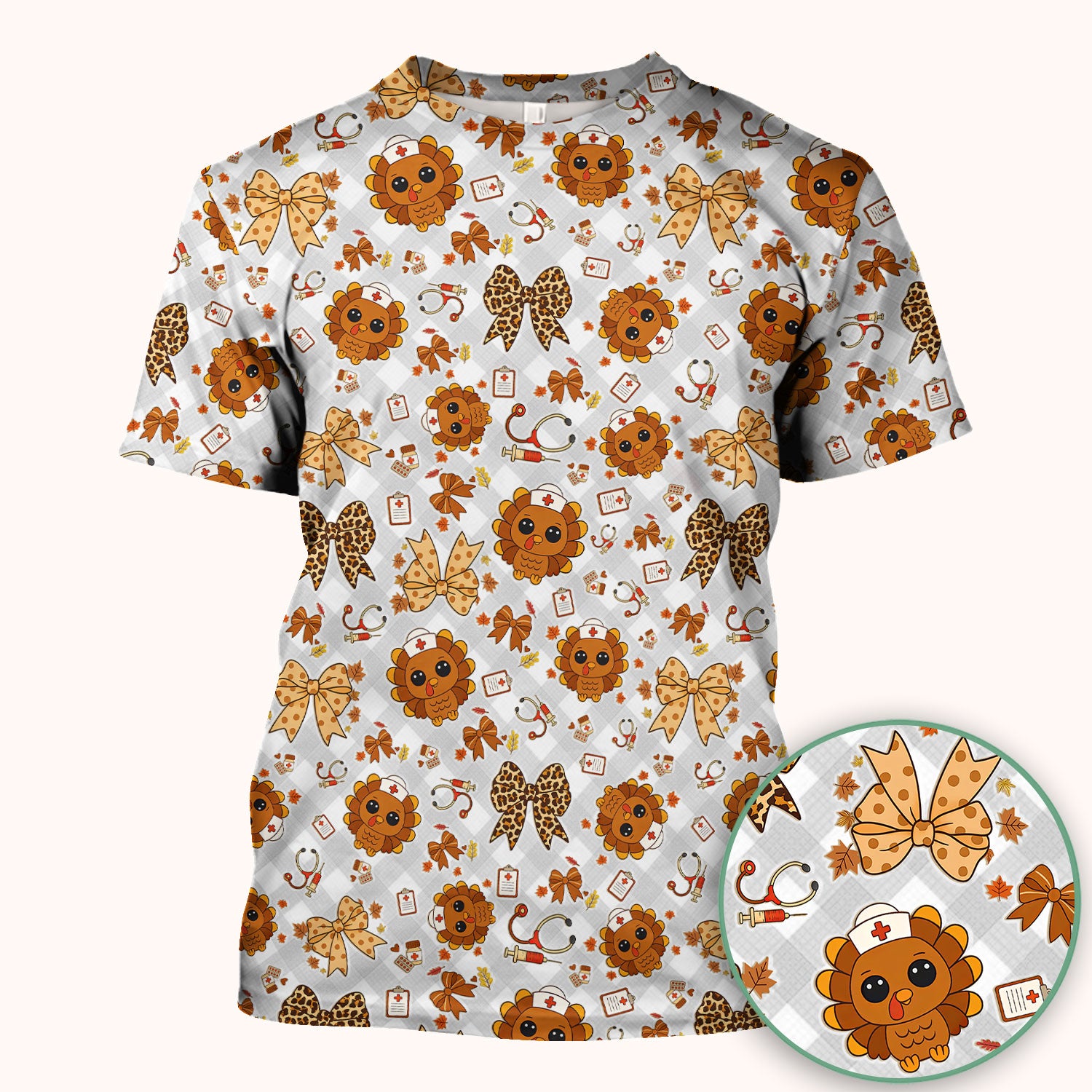 Thanksgiving Turkey Scrub Top for Nurses - Cute Fall Leaves and Bow Shirt - Funny Autumn Nursing Gift for Women RN LPN CNA