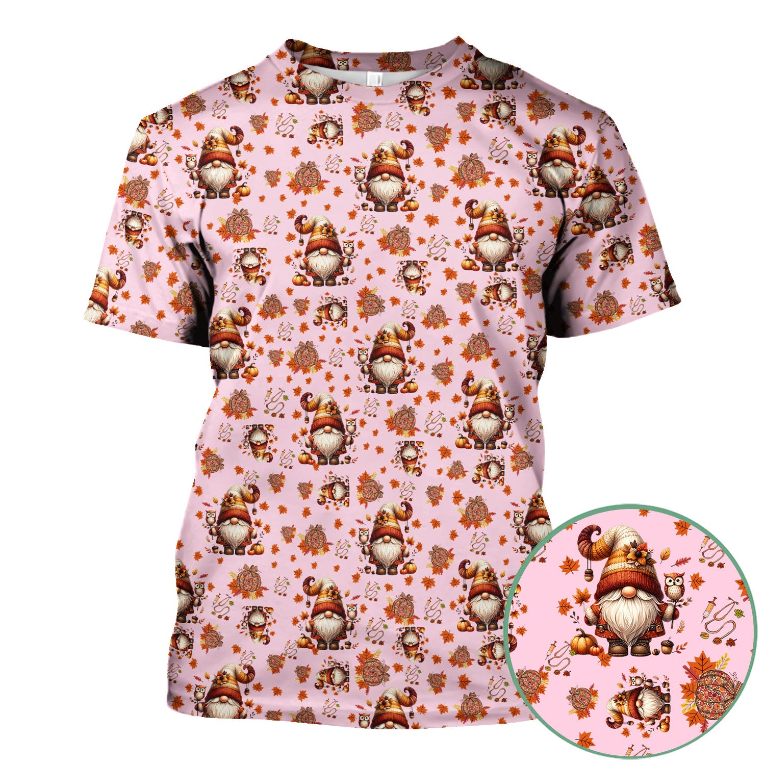 Fall Gnome Nurse Scrub Top for Women - Autumn Leaves Pumpkin Shirts - Thanksgiving Nursing Uniform Gift for RN LPN CNA