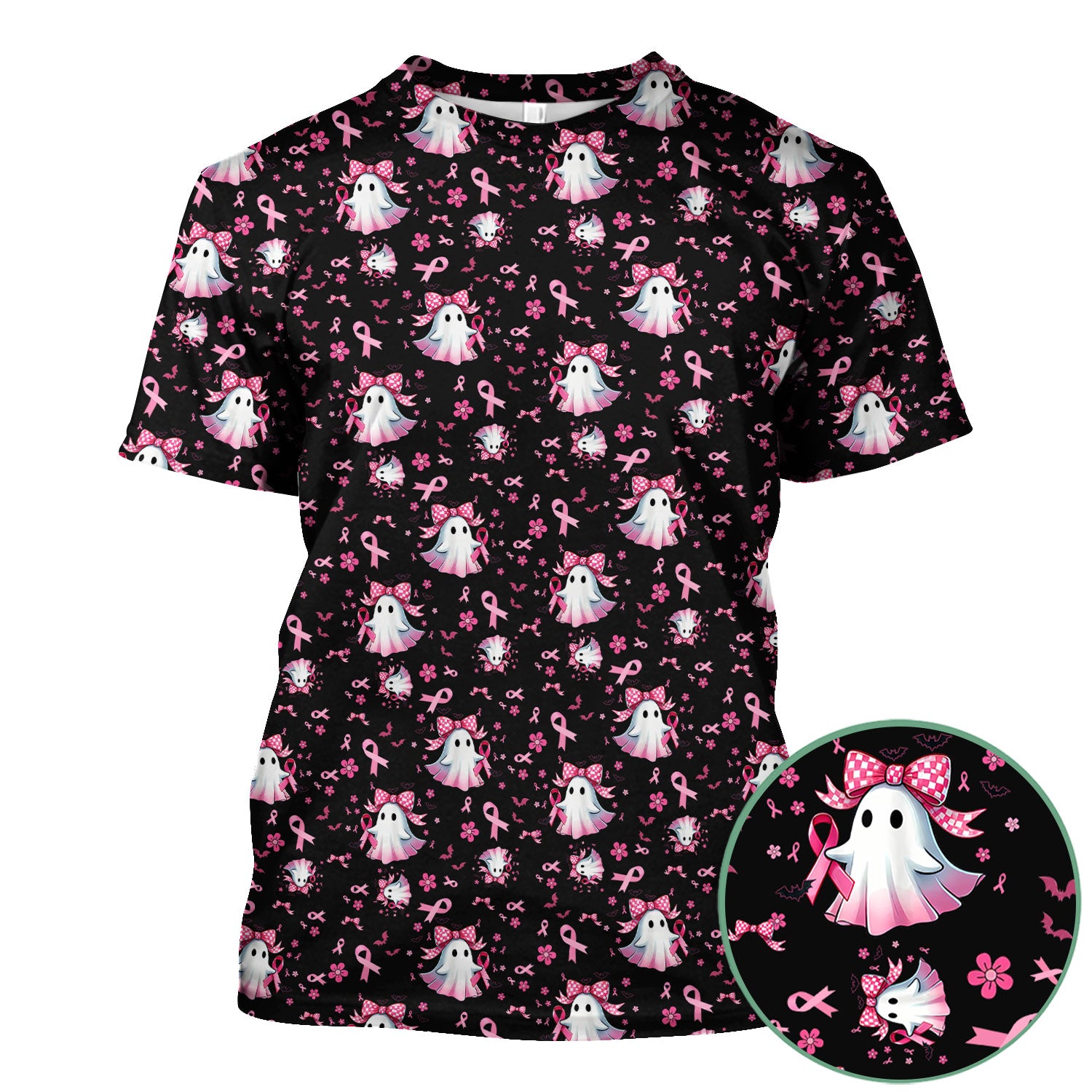 Halloween Ghost Scrub Top for Women - Breast Cancer Awareness Pink Ribbon Nurse Shirt - Cute Spooky Medical Uniform RN LPN CNA