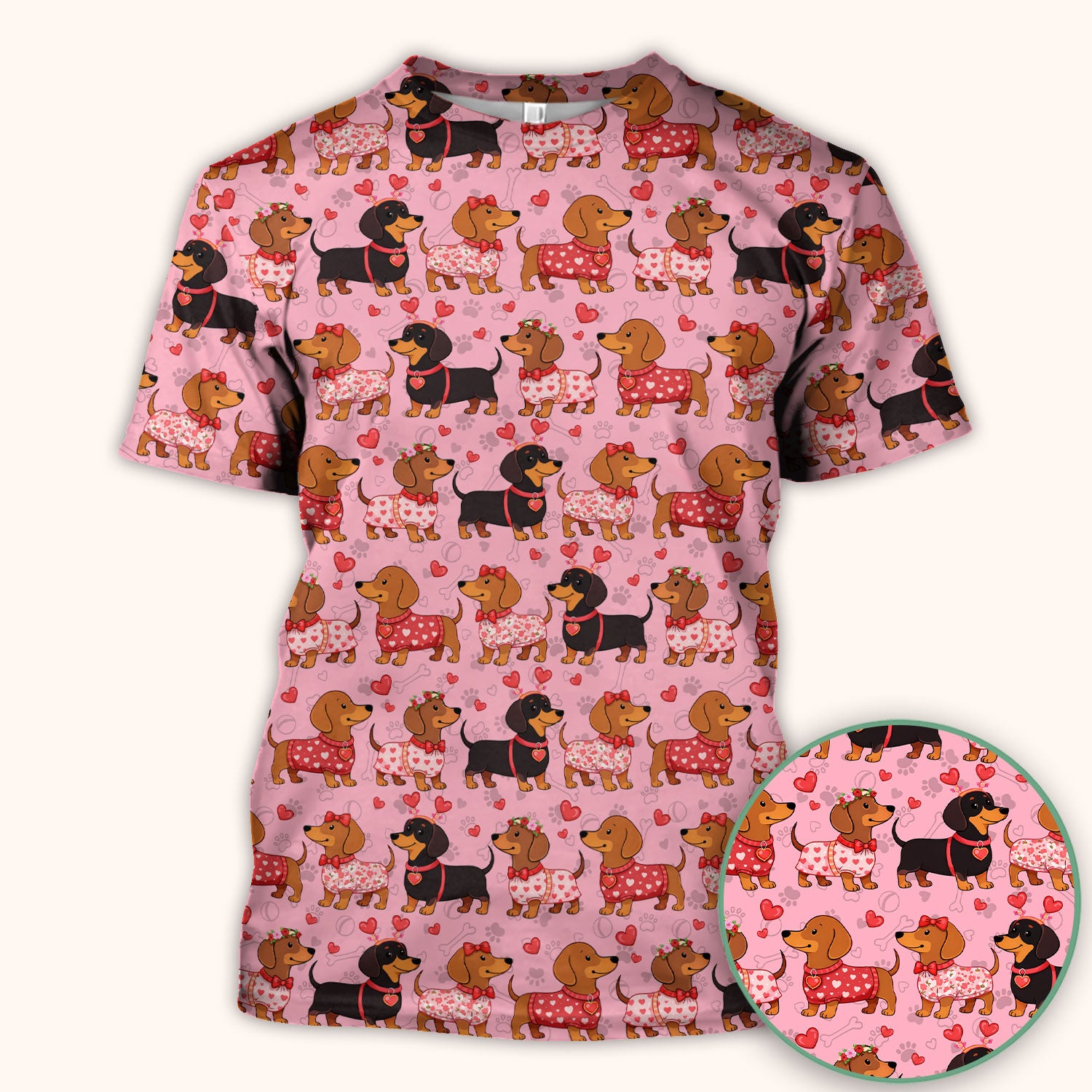 Valentine Dachshund Scrub Top, Wiener Dog Love Pattern Nurse Shirt, Breathable Fabrics Nursing Uniform