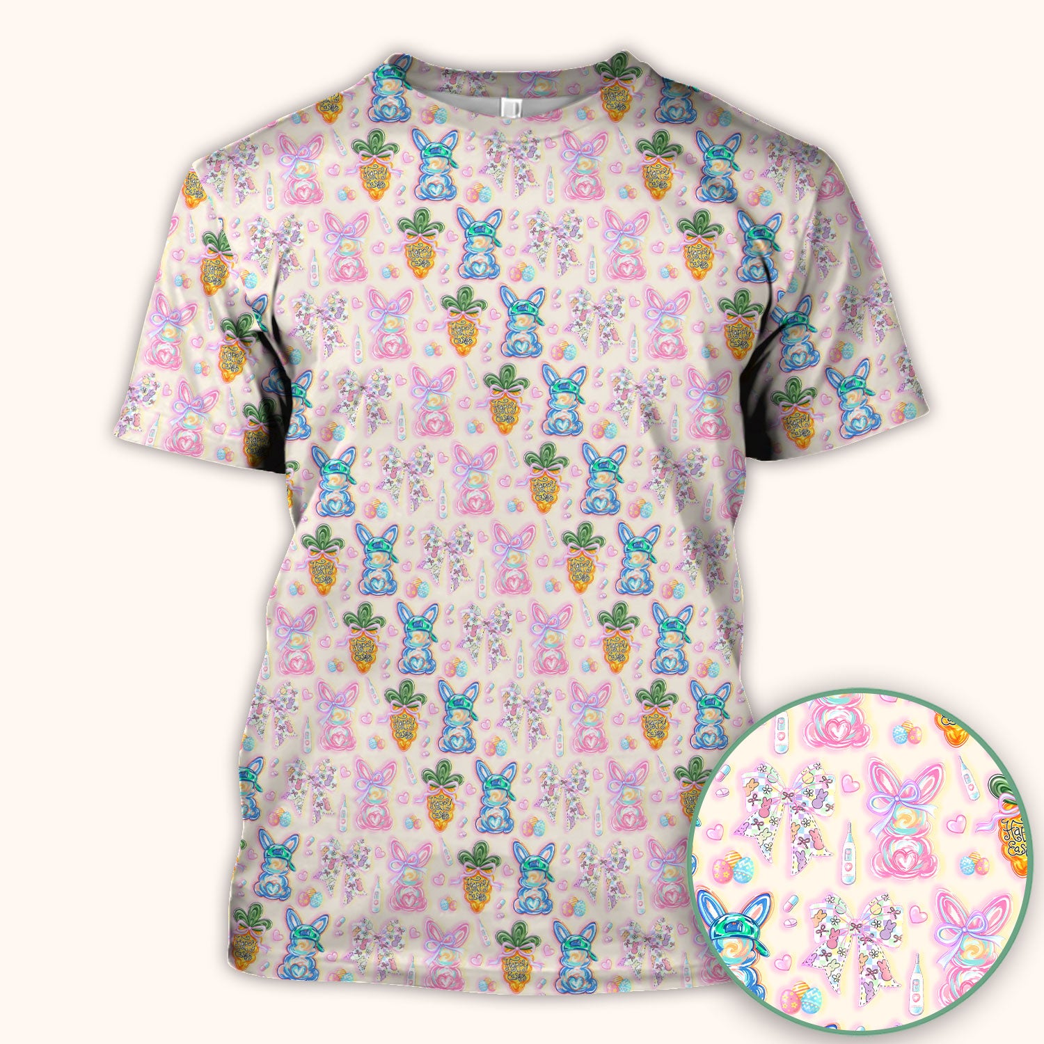 Easter Bunny Carrot Bow Floral Print Scrub Top, Comfortable Scrubs for Nurses