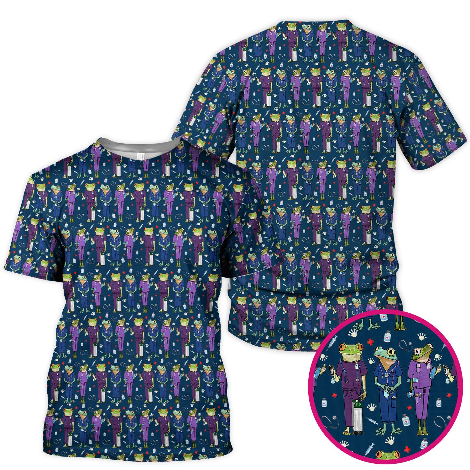 Funny Frog Nurse Pattern Scrub Top, Breathable Healthcare Uniform Top