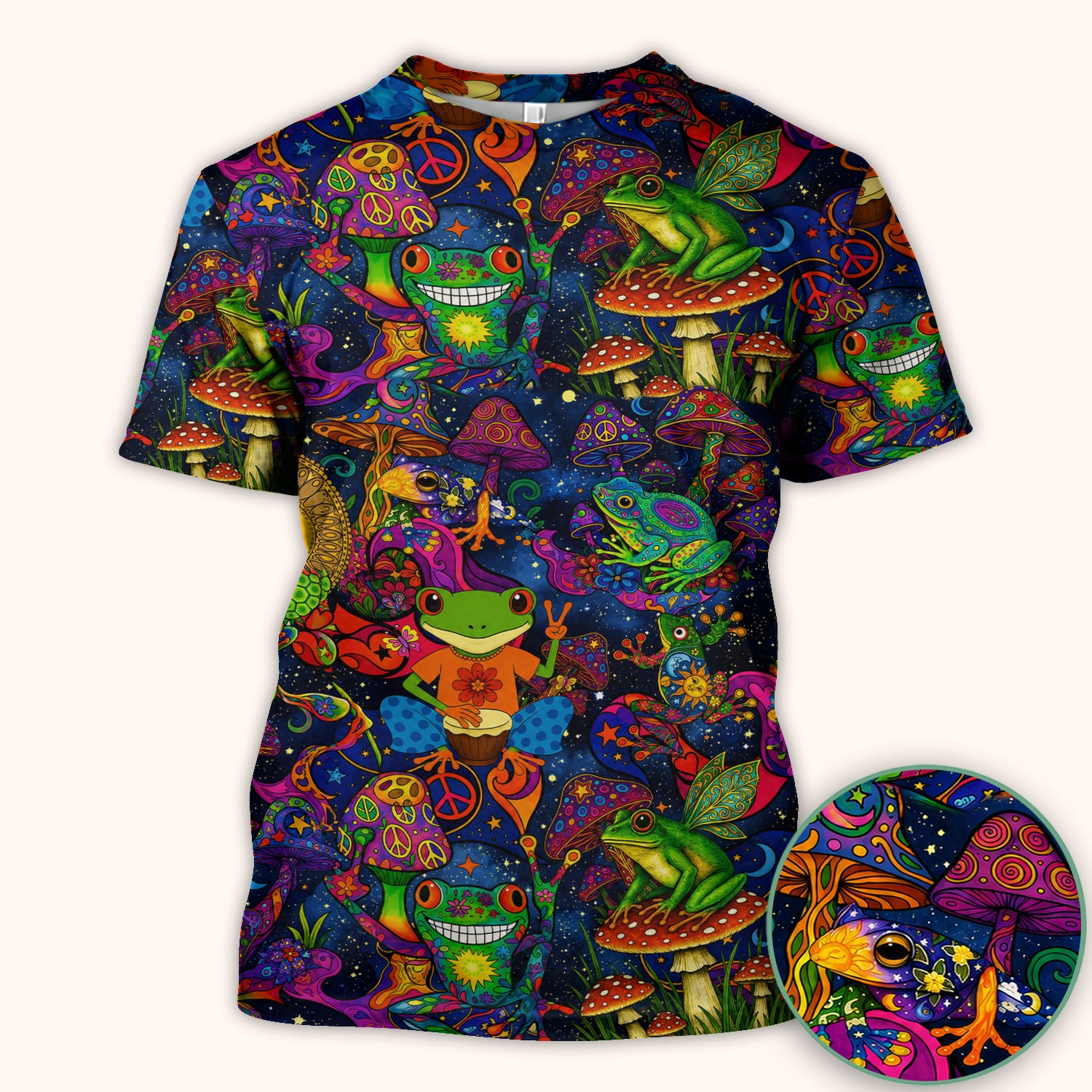 Psychedelic Frog with Mushroom Peace Print Scrub Top, Comfortable Scrubs for Nurses