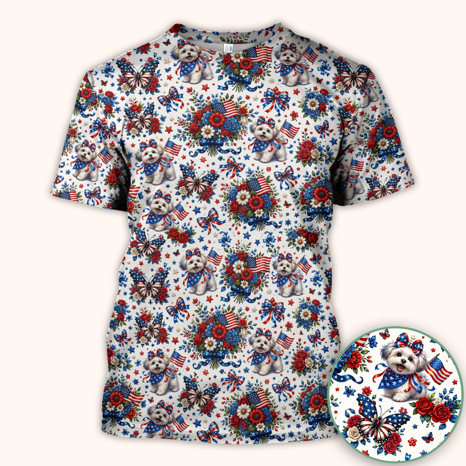 Patriotic Puppy Floral Bouquet Pattern Scrub Top, Comfortable Scrubs for Nurses