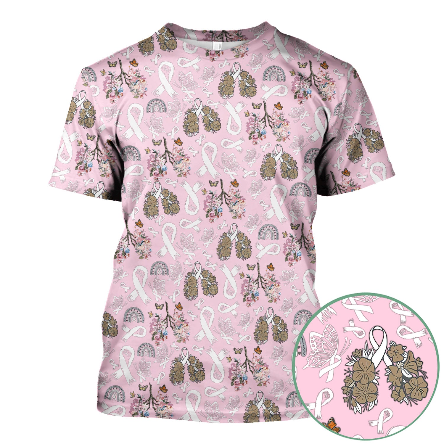 Lung Cancer Awareness Nurse Scrub Top - White Ribbon Butterfly Floral Medical Uniform - Comfortable V-Neck Nursing Shirt Gift