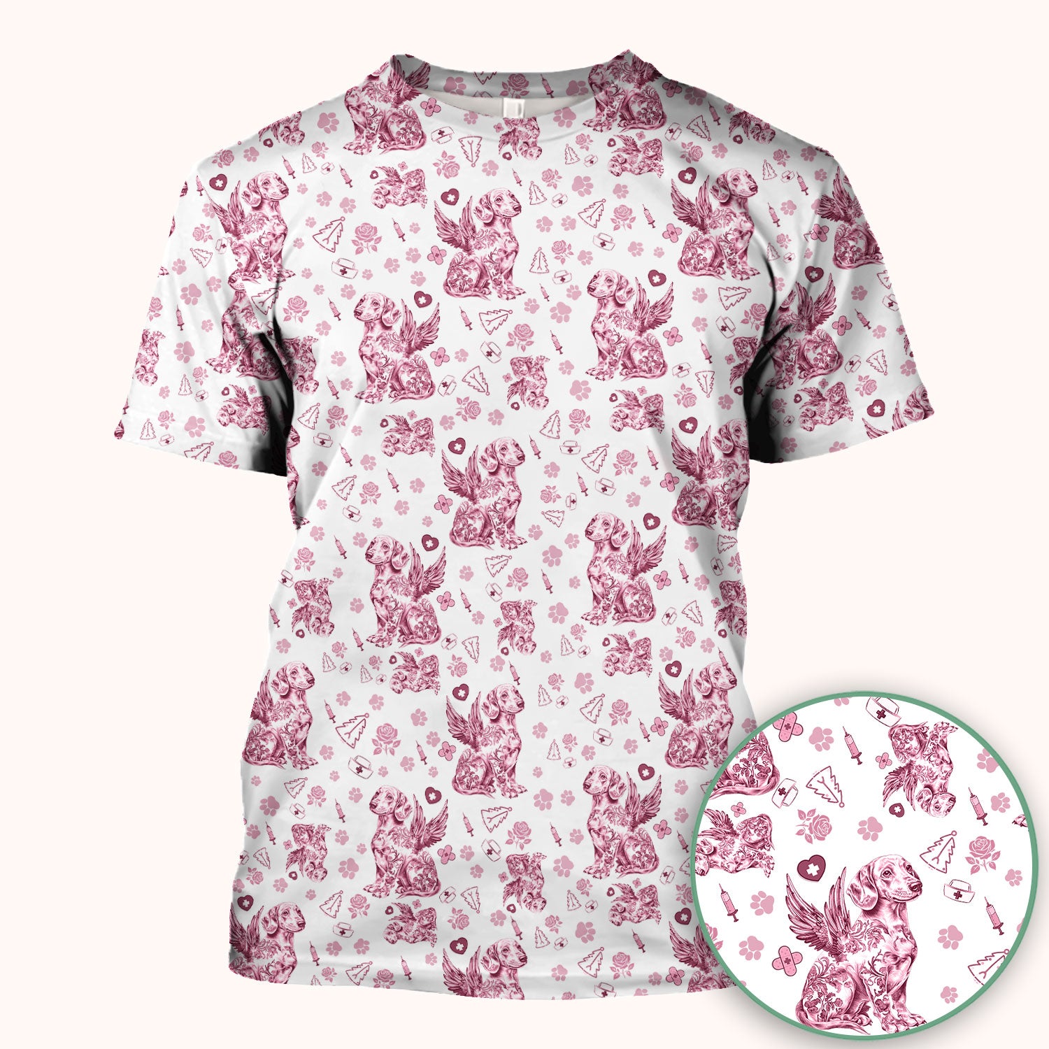 Toile de Jouy Dachshund Angel Scrub Top - Blue Vintage Dog Nurse Shirt - Memorial Christmas Gift