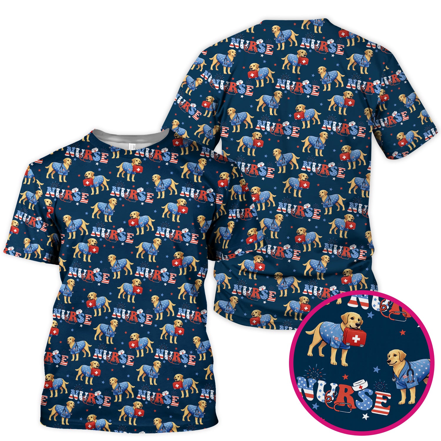 Patriotic Nurse Dog Medical Pattern Scrub Top, Breathable Fabrics Nursing Uniform