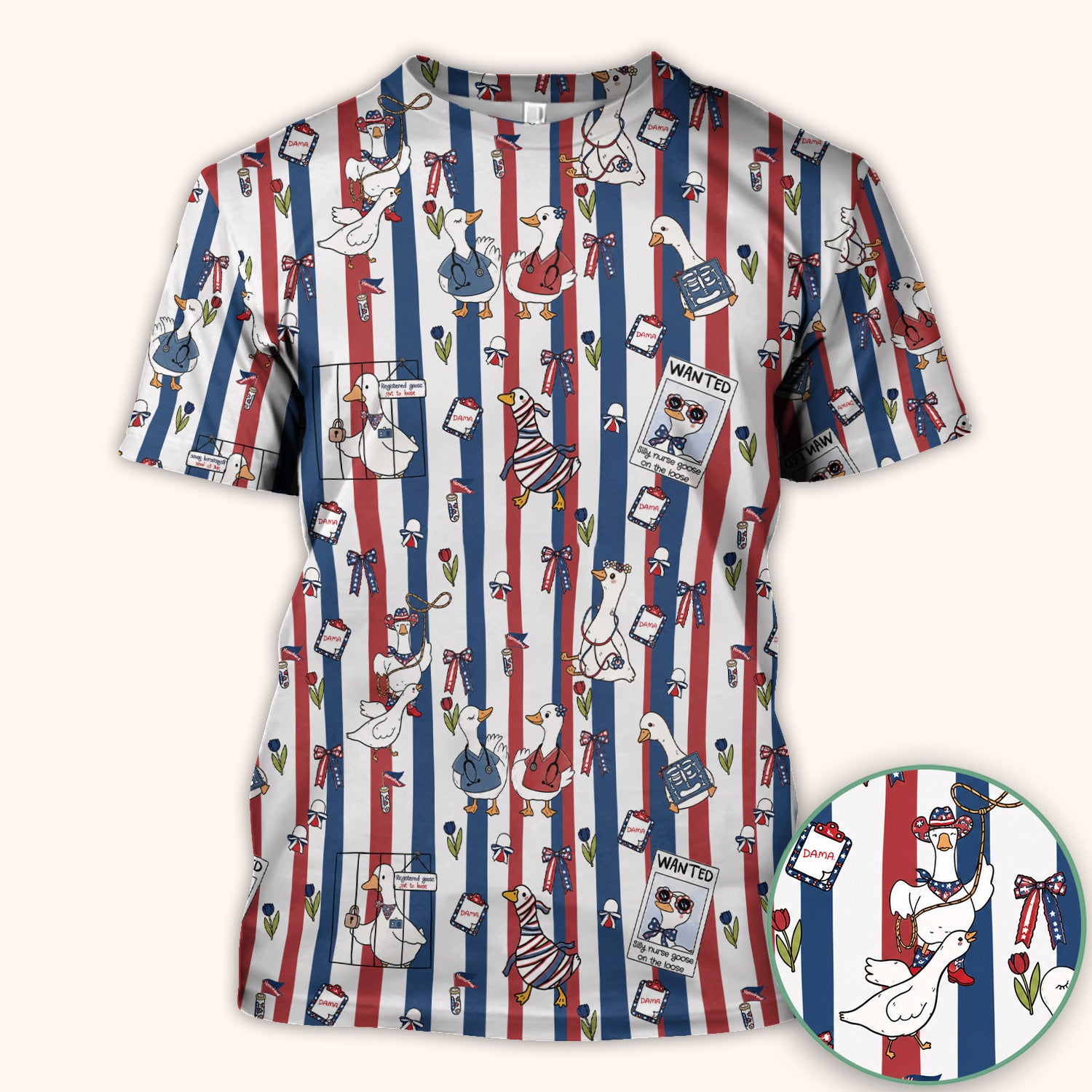 Funny Patriotic Goose Nurse Pattern Scrub Top, Comfortable Scrubs for Nurses