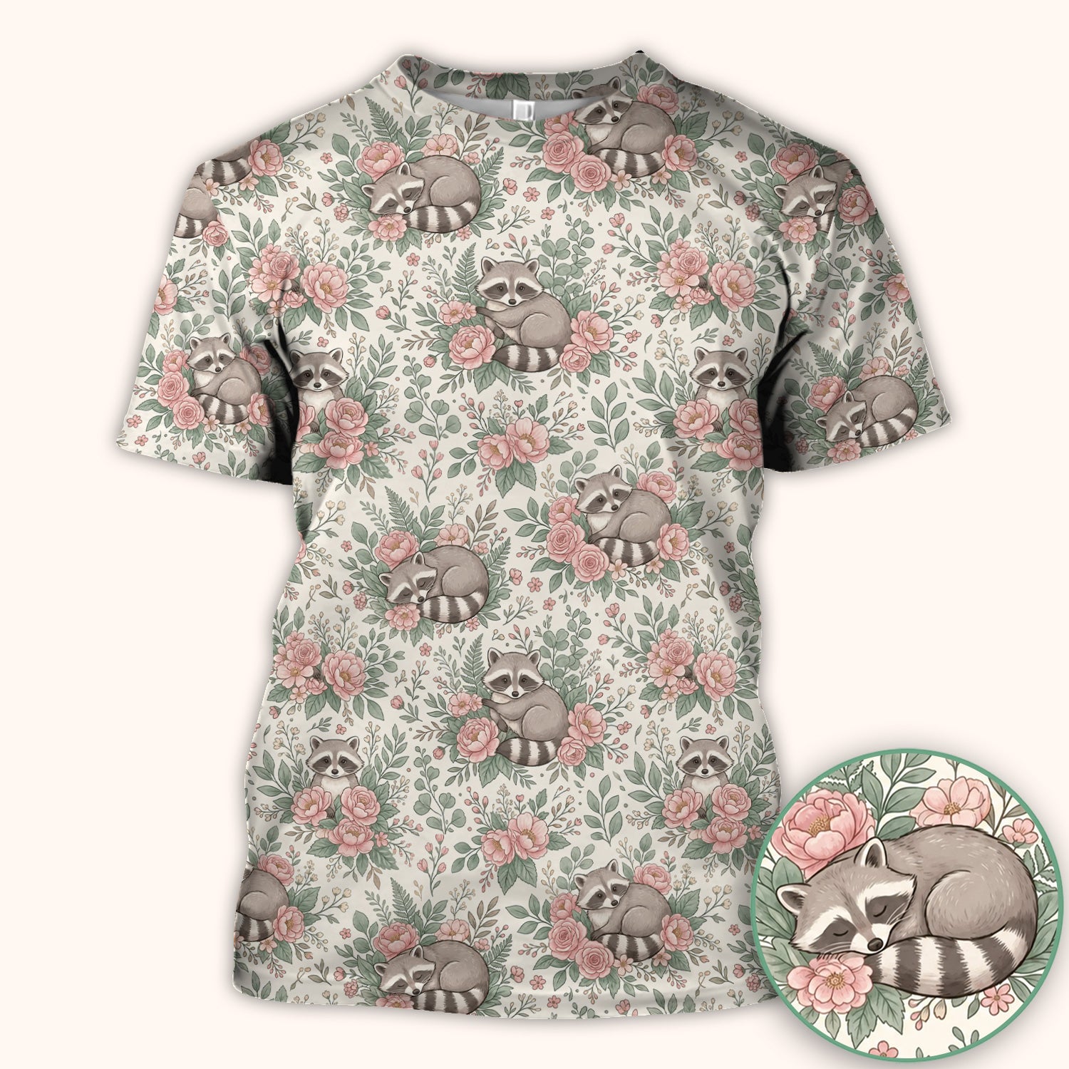 Sleeping Raccoon Rose Garden Pattern Scrub Top, Breathable Fabrics Nursing Uniform