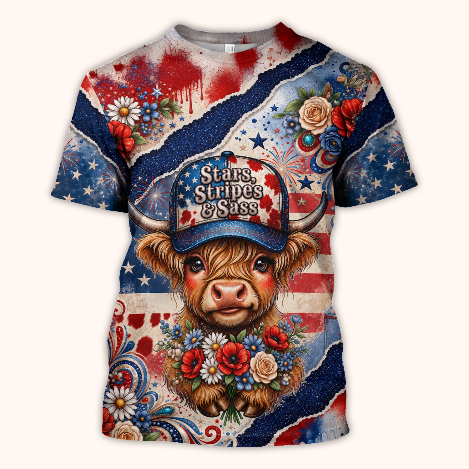 Patriotic Highland Cow Pattern, Healthcare Workers Scrub Top, Comfortable Scrubs for Nurses