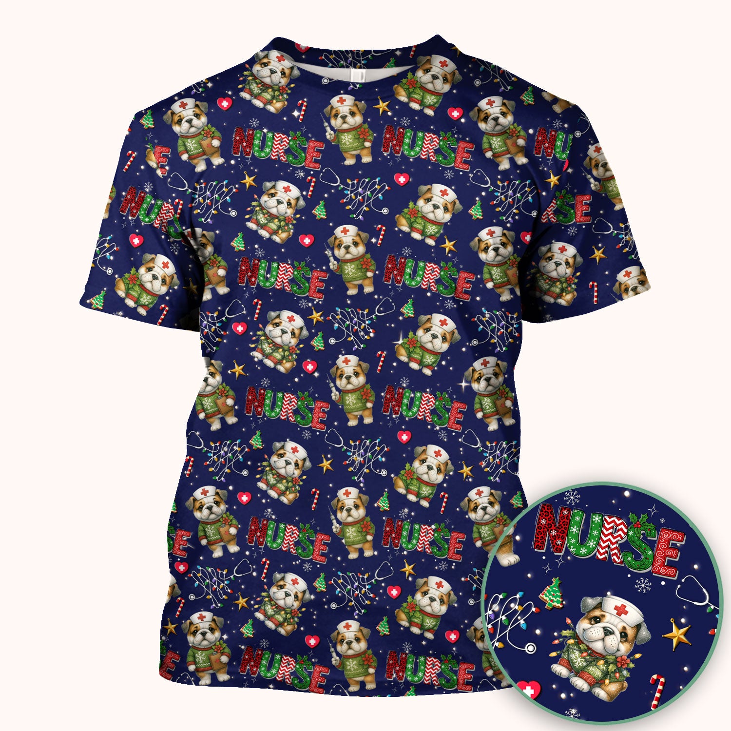 Bulldog Christmas Nurse Scrub Top - Funny Dog Scrub Shirt - Cute Holiday Medical Uniform for Women RN LPN CNA Gift
