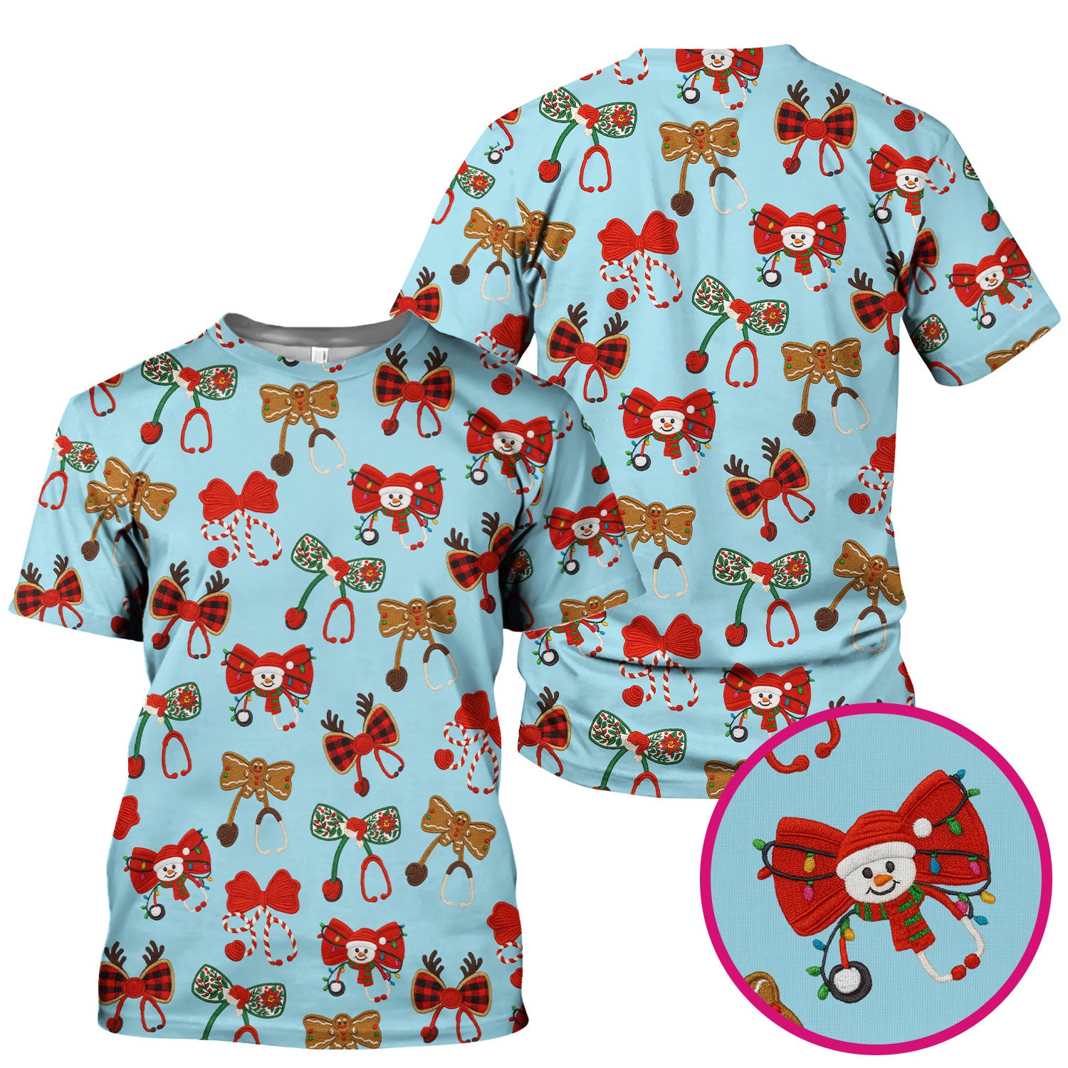 Christmas Stethoscope Bow Nurse Scrub Top, Xmas Pattern Scrub Shirt, Holiday Nursing Uniform