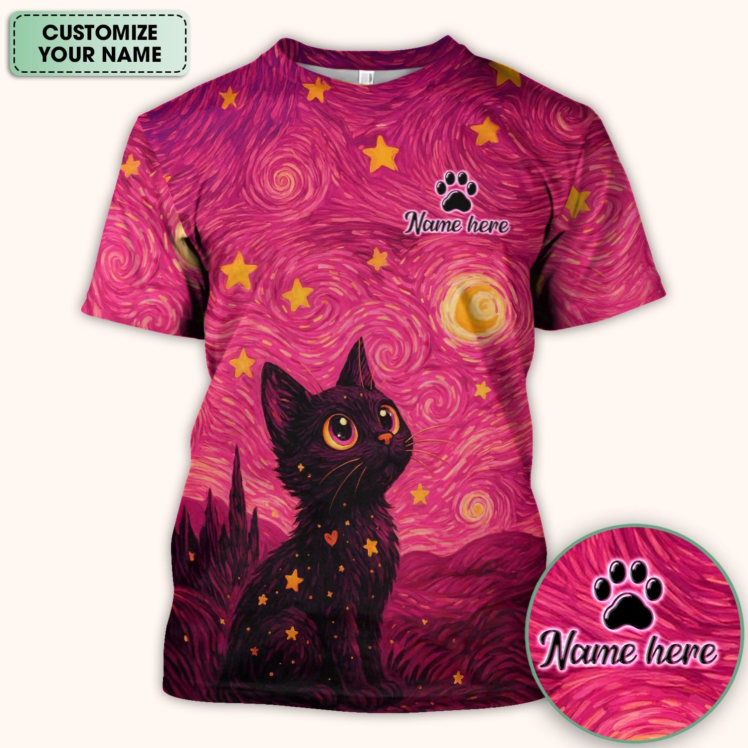 Personalized Black Cat Galaxy Star Swirl Pattern Scrub Top, Comfortable Scrubs for Nurses