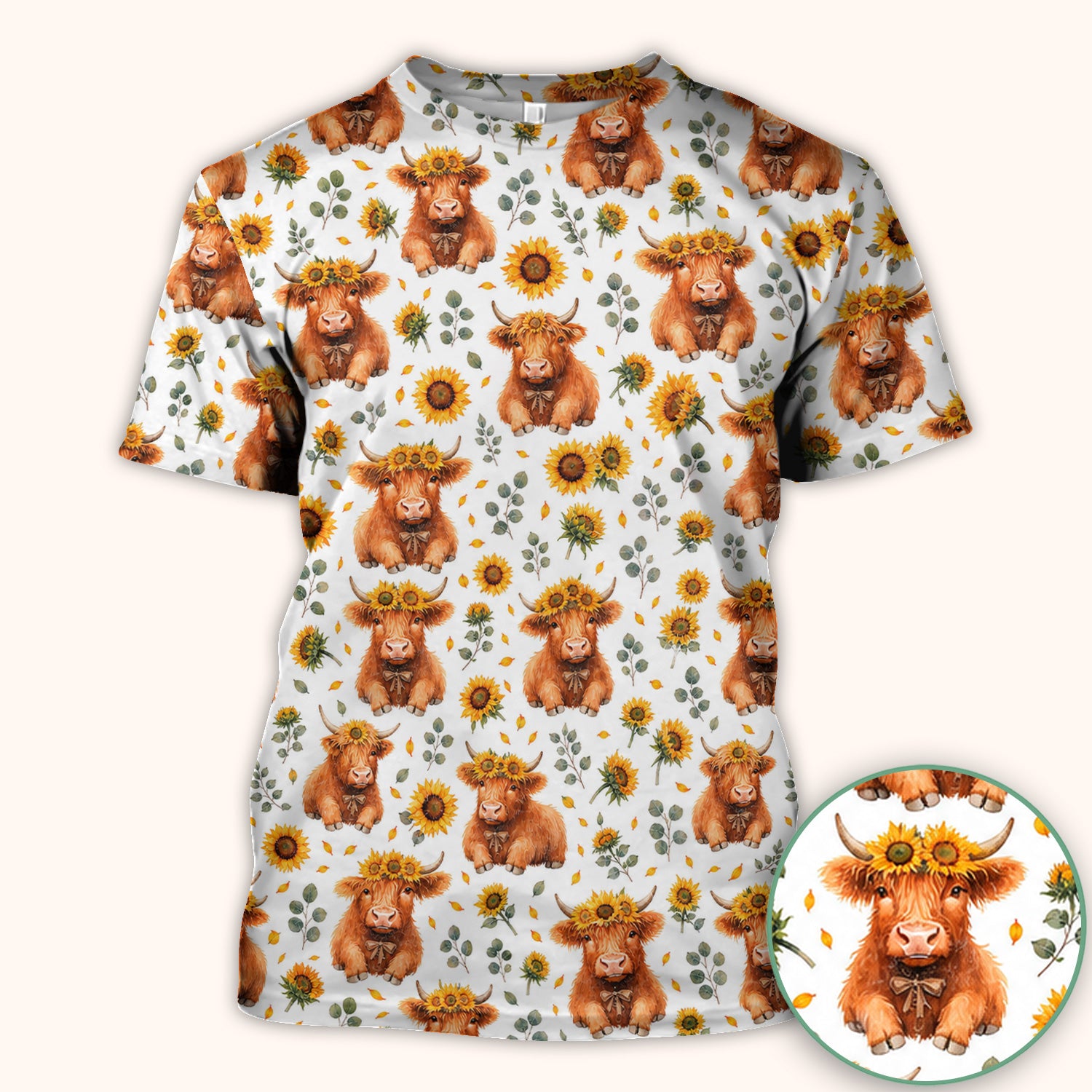 Rustic Highland Cow Floral Pattern Scrub Top, Comfortable Scrubs for Nurses
