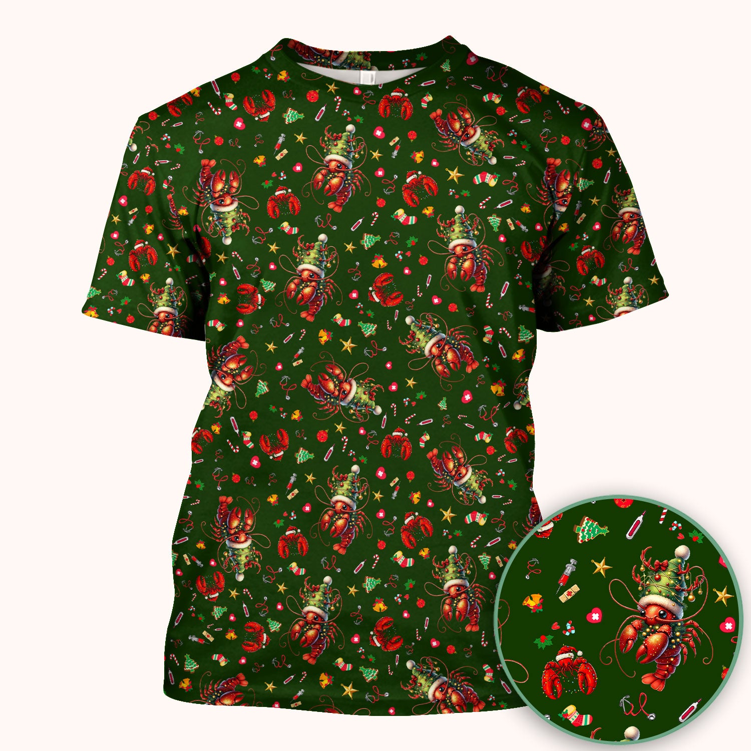 Whimsical Crawfish Christmas Scrub Top – Southern Christmas Cajun Holiday Crawfish Pattern – Cute Medical Uniform for Nurses, Vets And Healthcare Workers