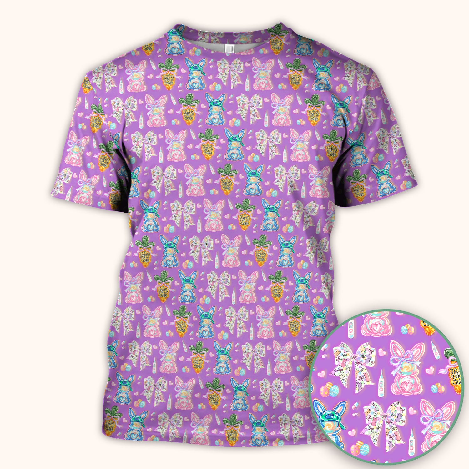 Easter Bunny Carrot Bow Floral Print Scrub Top, Comfortable Scrubs for Nurses