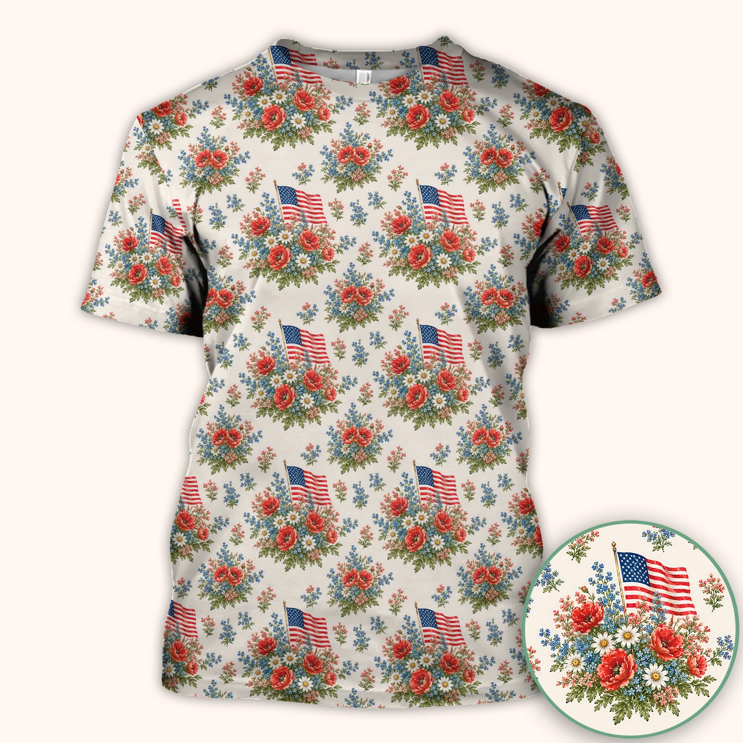 Patriotic Floral With USA Flag Pattern Scrub Top, Comfortable Scrubs for Nurses