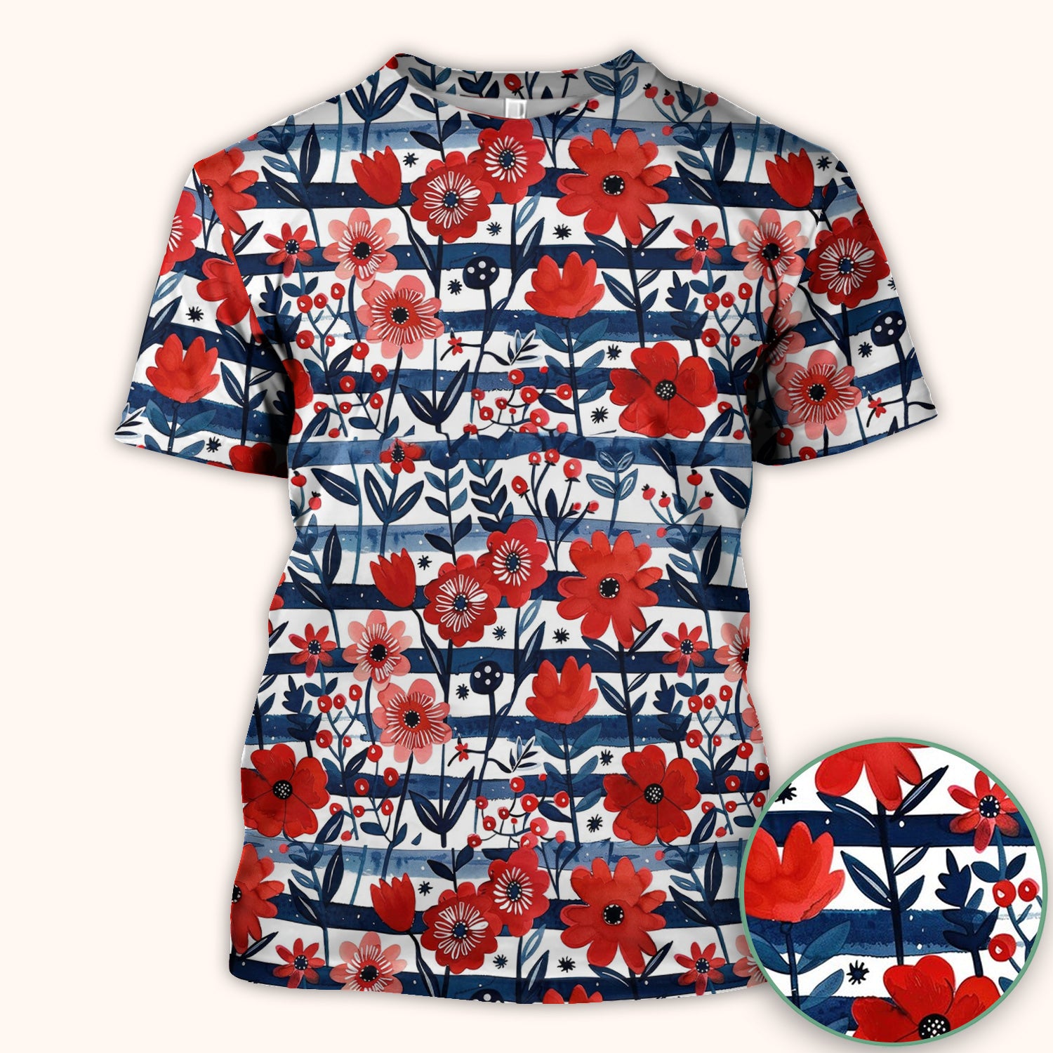 Red Poppy Navy Stripe Pattern Scrub Top, Comfortable Scrubs for Nurses