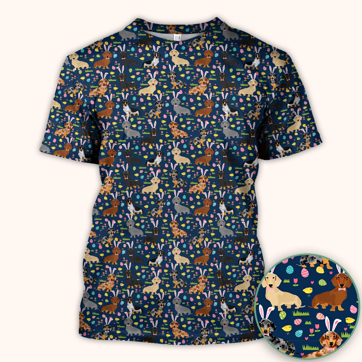 Easter Dachshund Dog Pattern Scrub Top, Comfortable Scrubs for Nurses