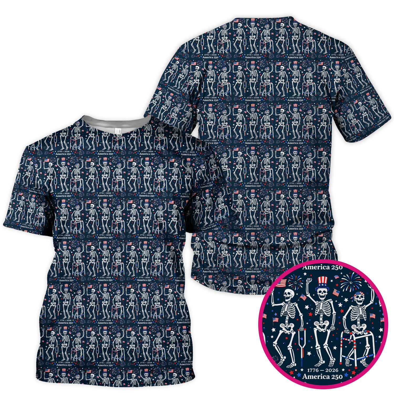 Festive Patriotic Skeleton America 250 Pattern Scrub Top, Comfortable Scrubs For Nurses