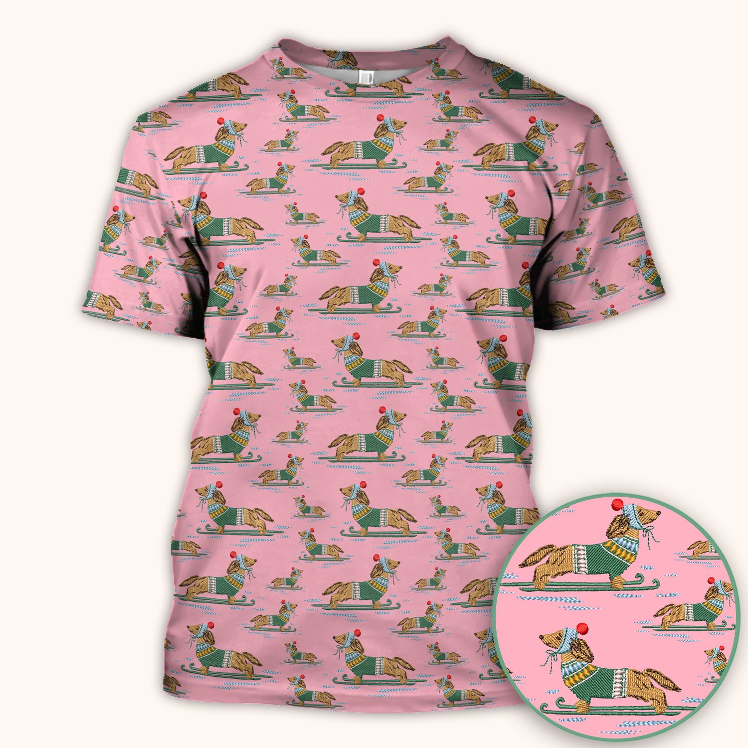 Dachshund Nurse Scrub Top, Wiener Dog Winter Pattern Shirt, Breathable Fabrics Nursing Uniform