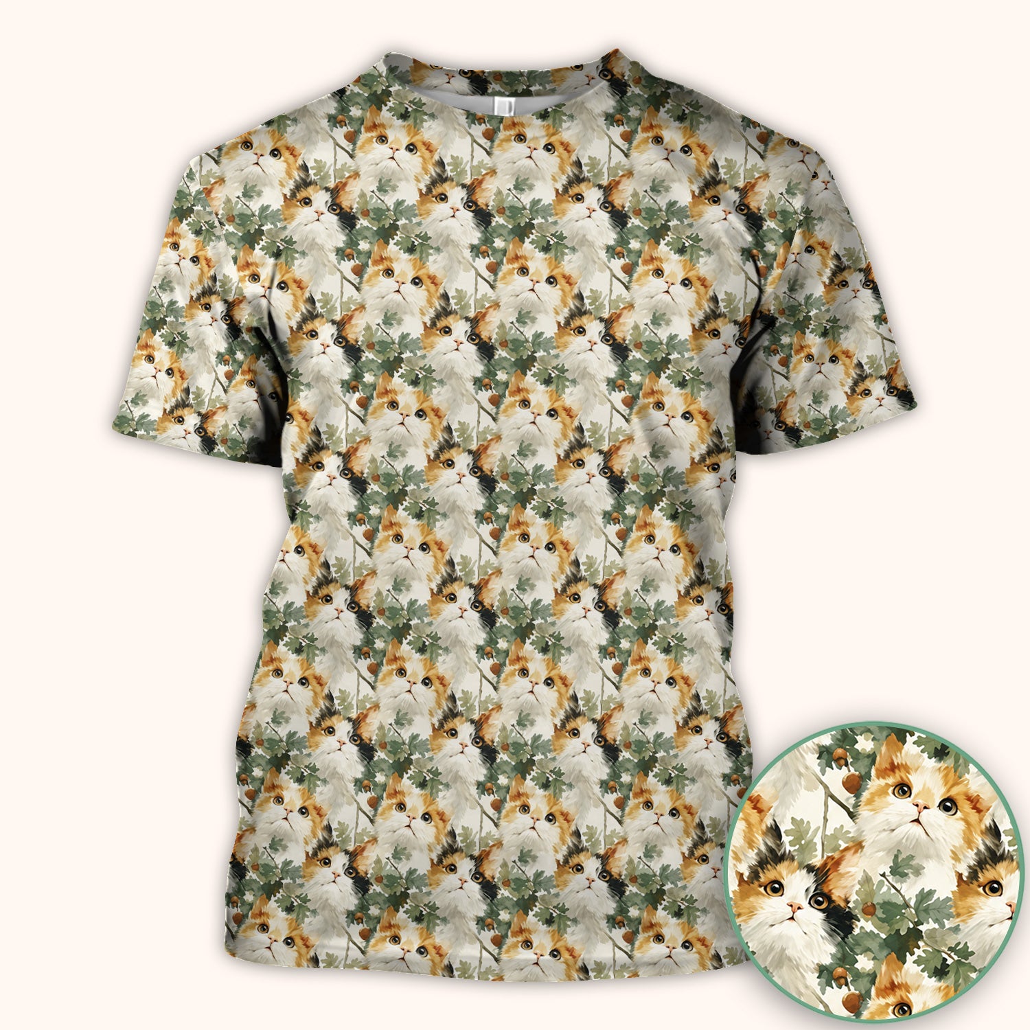 Fluffy Calico Cat Oak Leaves Pattern Scrub Top, Comfortable Scrubs for Nurses