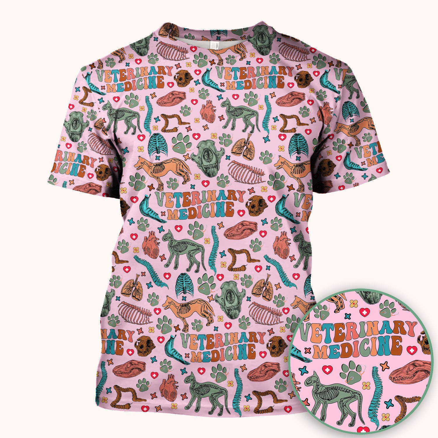 Veterinary Medicine Scrub Top - Cute Animal Anatomy Pattern Medical Shirt - Fun Vet Tech Nurse Scrubs for Women