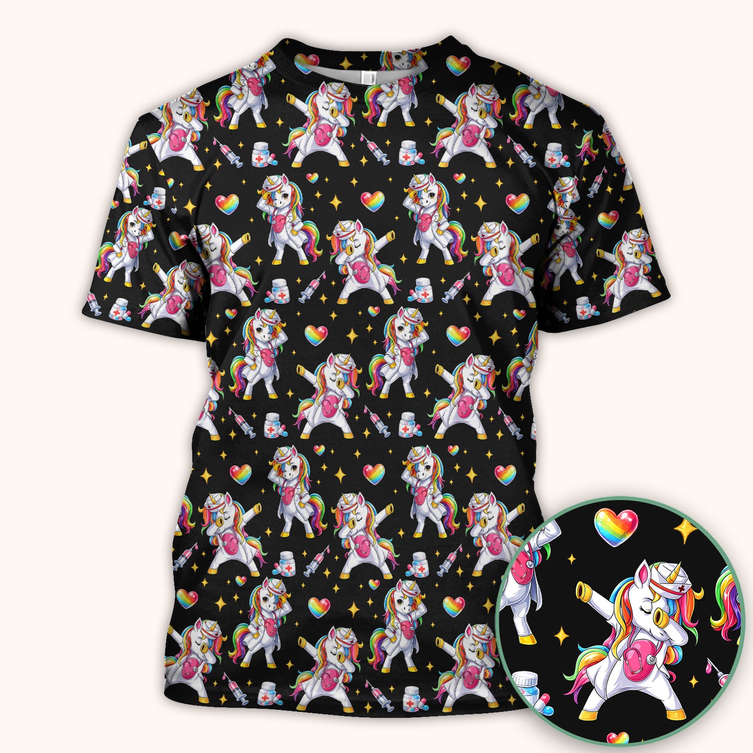 Playful Nurse Unicorn Rainbow Pattern Scrub Top, Comfortable Scrubs for Nurses