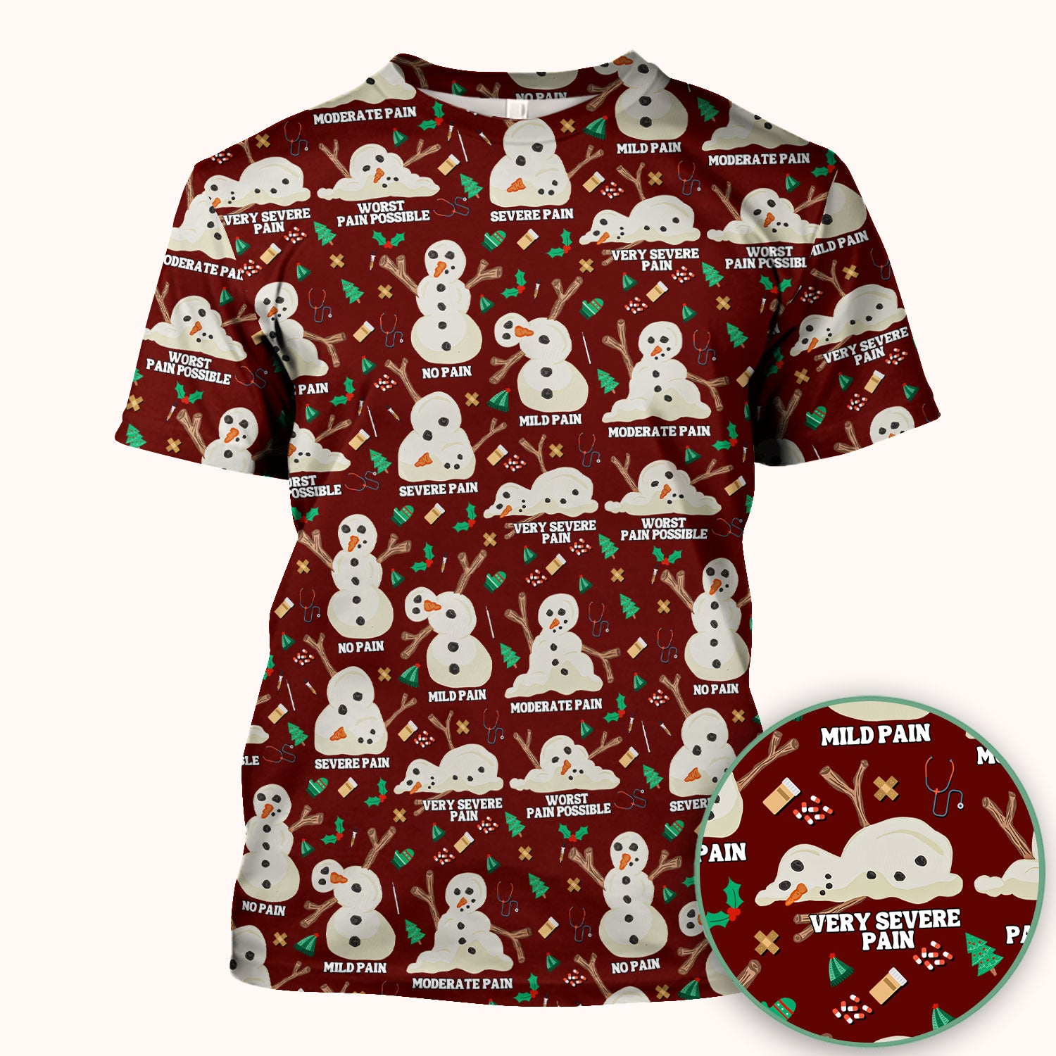 Funny Snowman Pain Scale Scrub Top for Nurse - Christmas Medical Shirt for Women RN LPN CNA - Cute Winter Nursing Uniform