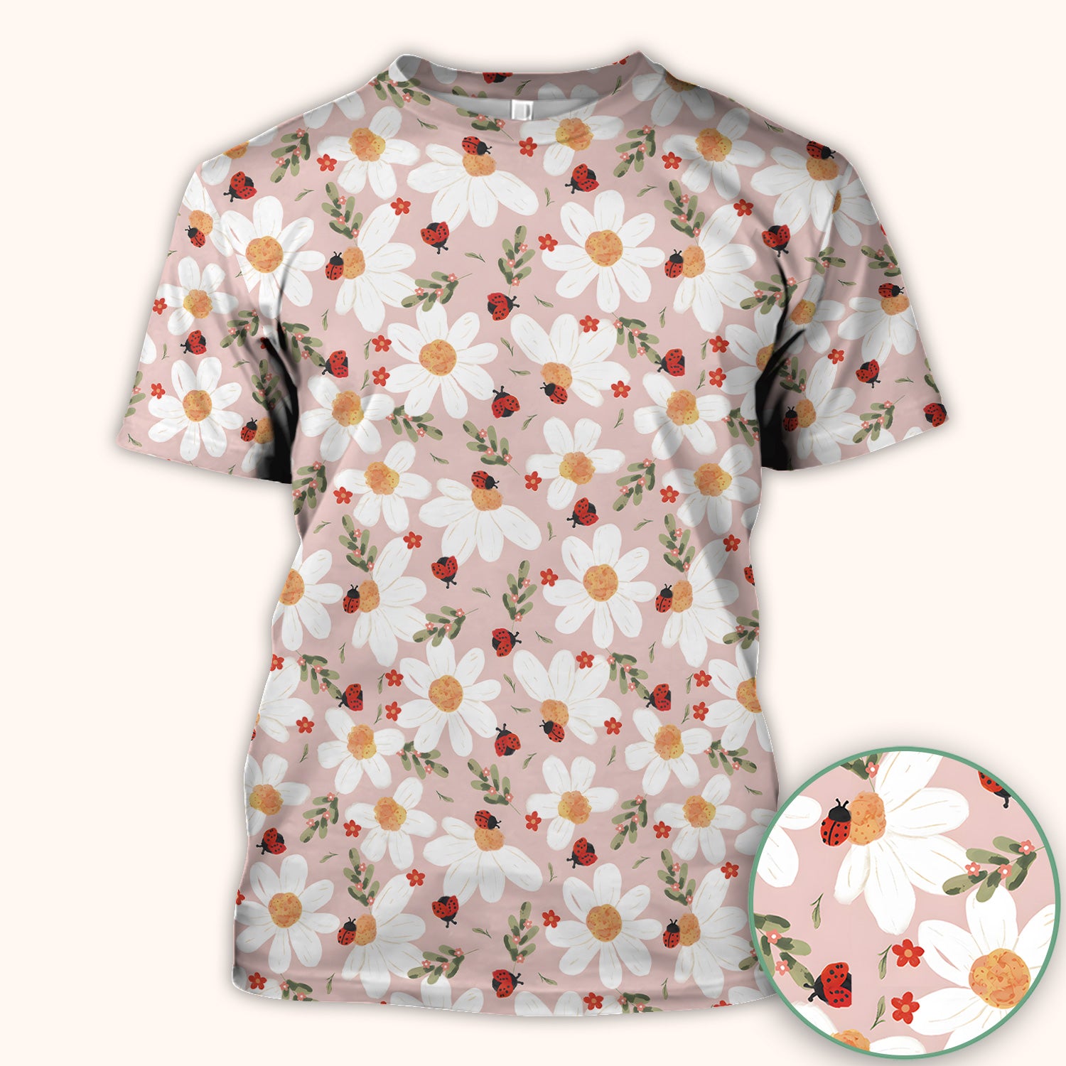 Daisy Ladybug Garden Blossom Pattern Scrub Top, Comfortable Scrubs for Nurses