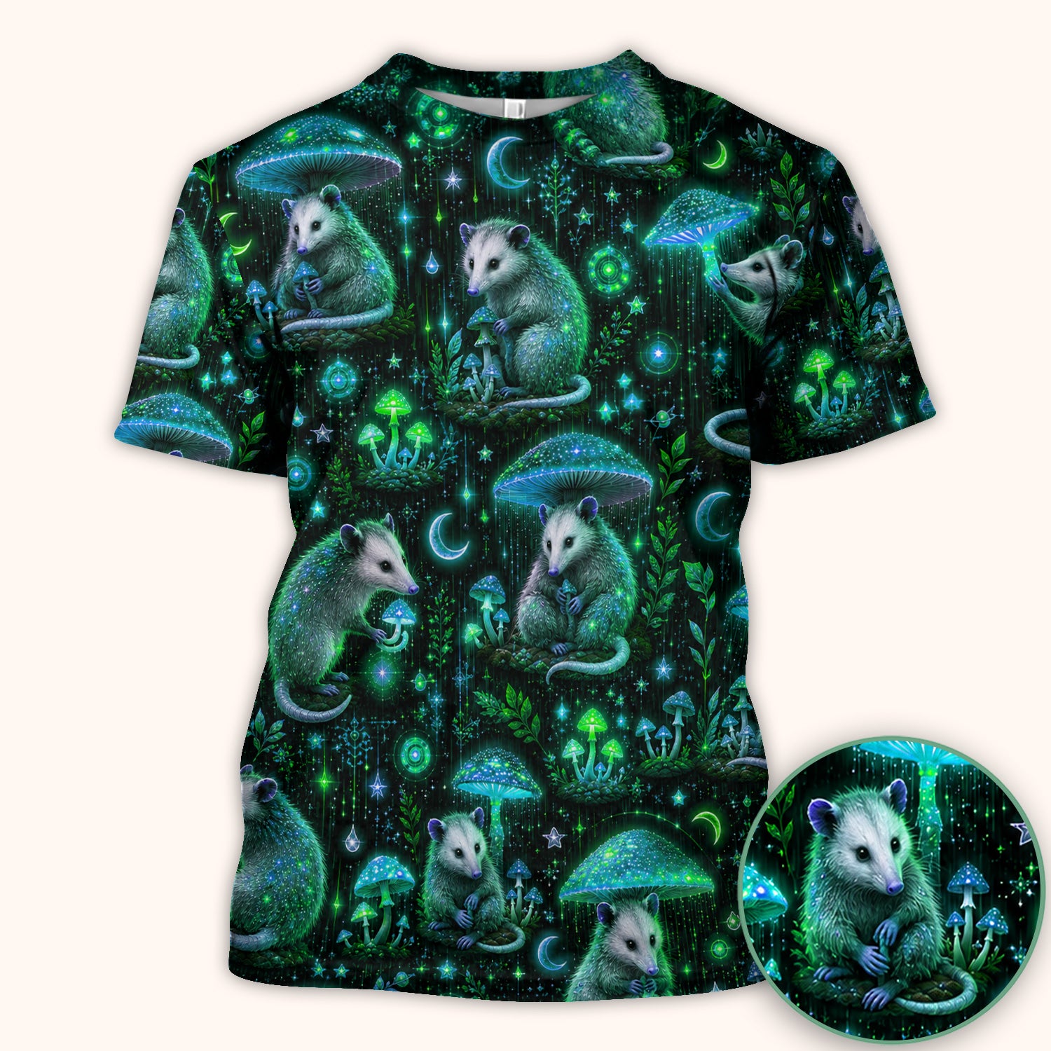 Moonlit Opossum Mushroom Pattern Scrub Top, Comfortable Scrubs for Nurses