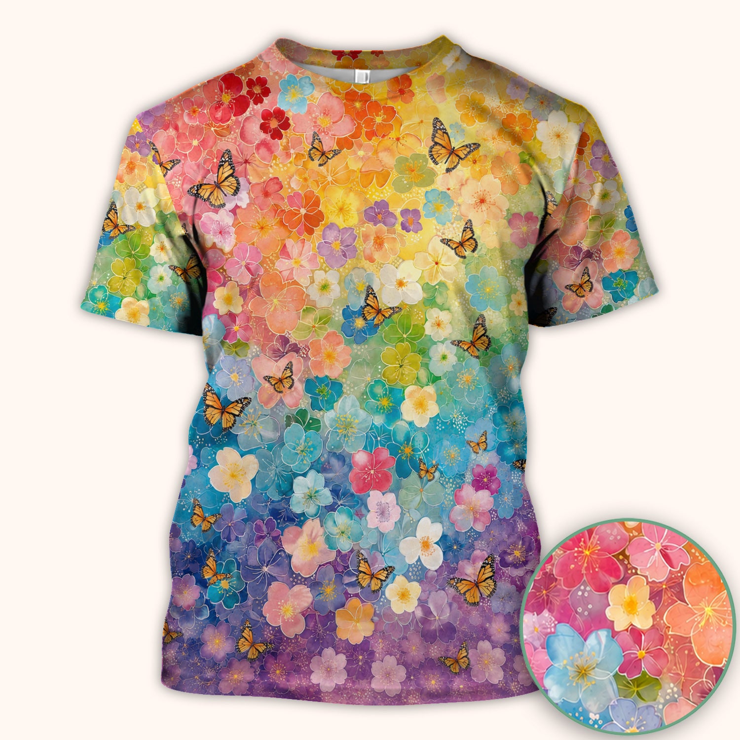 Rainbow Butterfly Floral Blossom Pattern Scrub Top, Comfortable Scrubs for Nurses