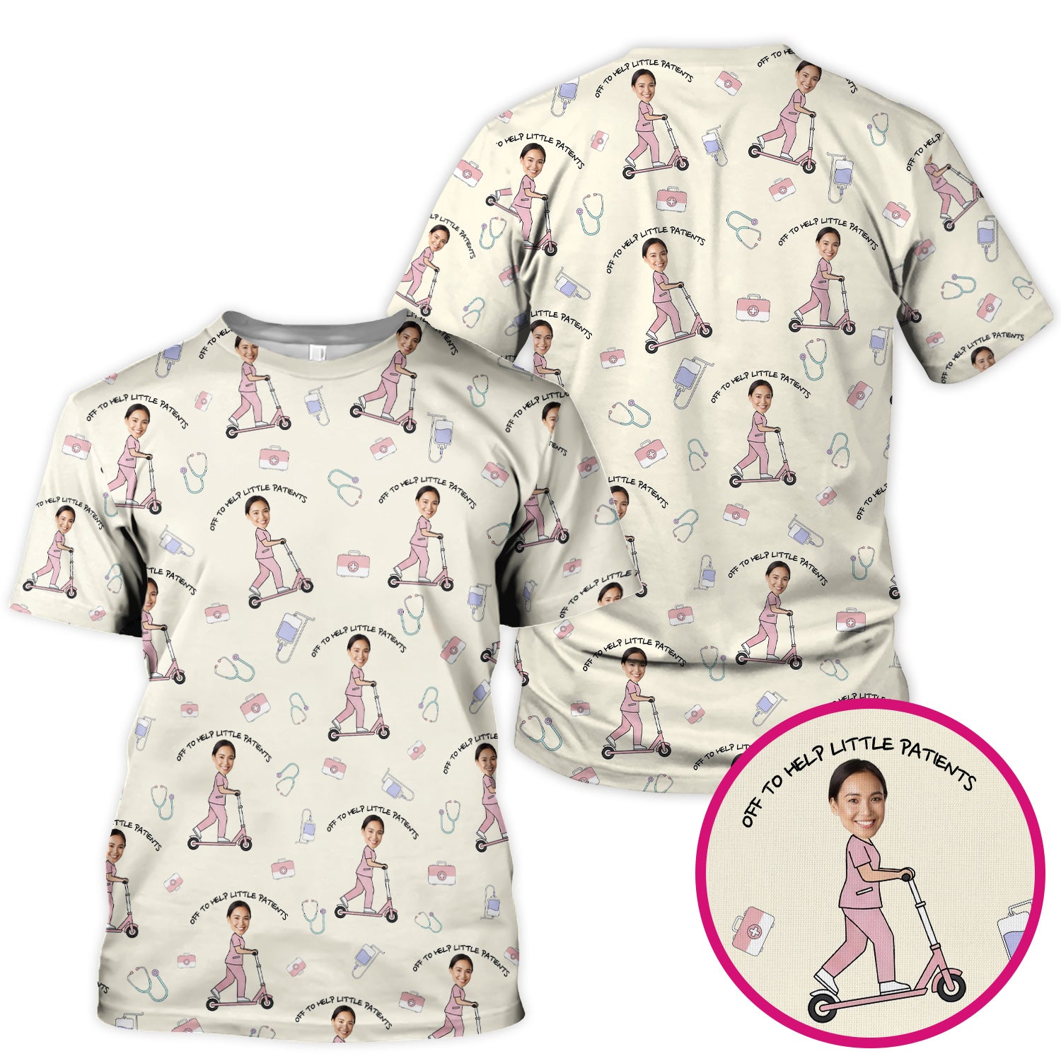 Custom Face Pediatric Nurse Scooter Pattern Scrub Top, Comfortable Scrubs for Nurses