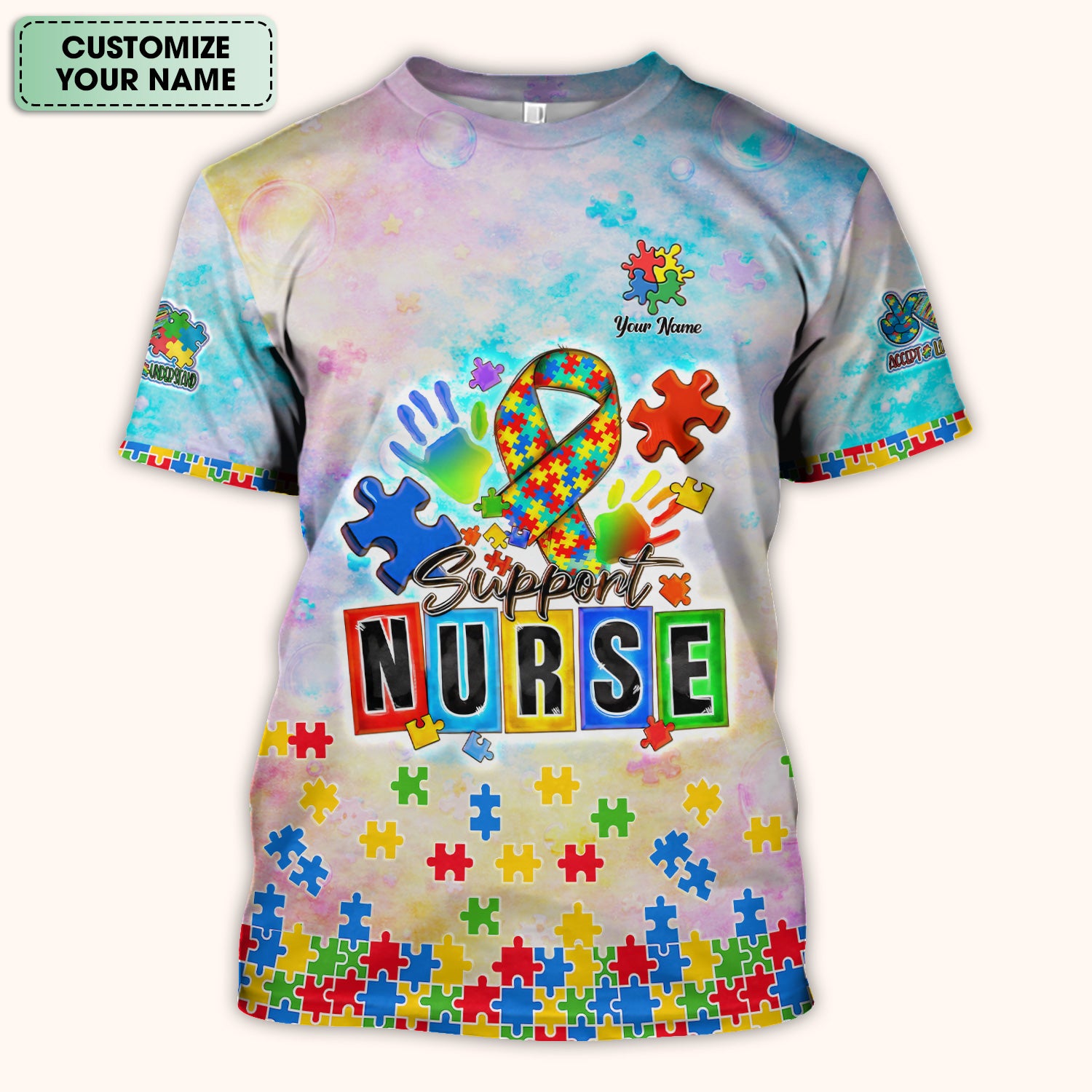 Personalized Inspirational Autism Awareness Nurse Puzzle Ribbon Pattern Scrub Top, Comfortable Scrubs For Nurses