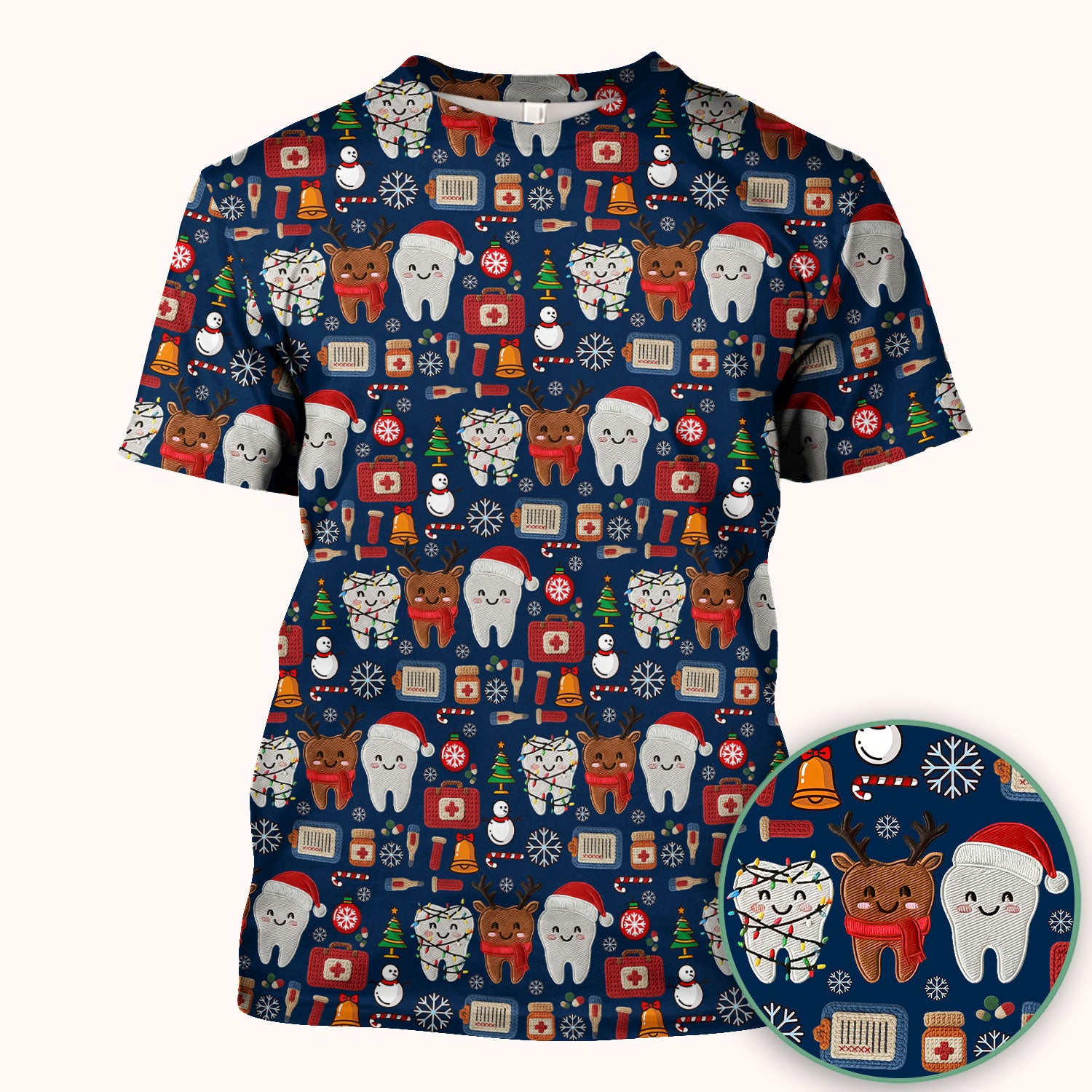 Christmas Dental Scrub Top - Cute Santa & Reindeer Tooth Shirt - Funny Holiday Medical Uniform for Dentists, Hygienists & Nurses