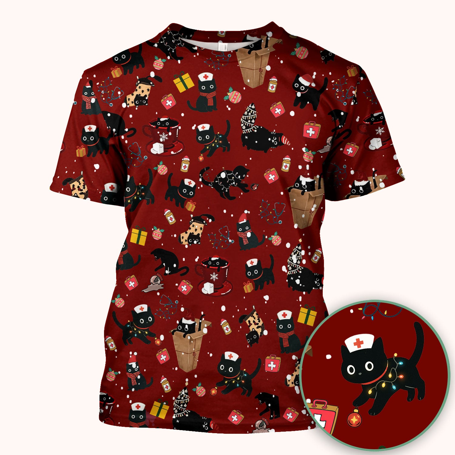 Funny Cat Scrub for Women - Christmas Black Cats Comfortable Scrubs for Nurses - Breathable Fabrics Nursing Uniform