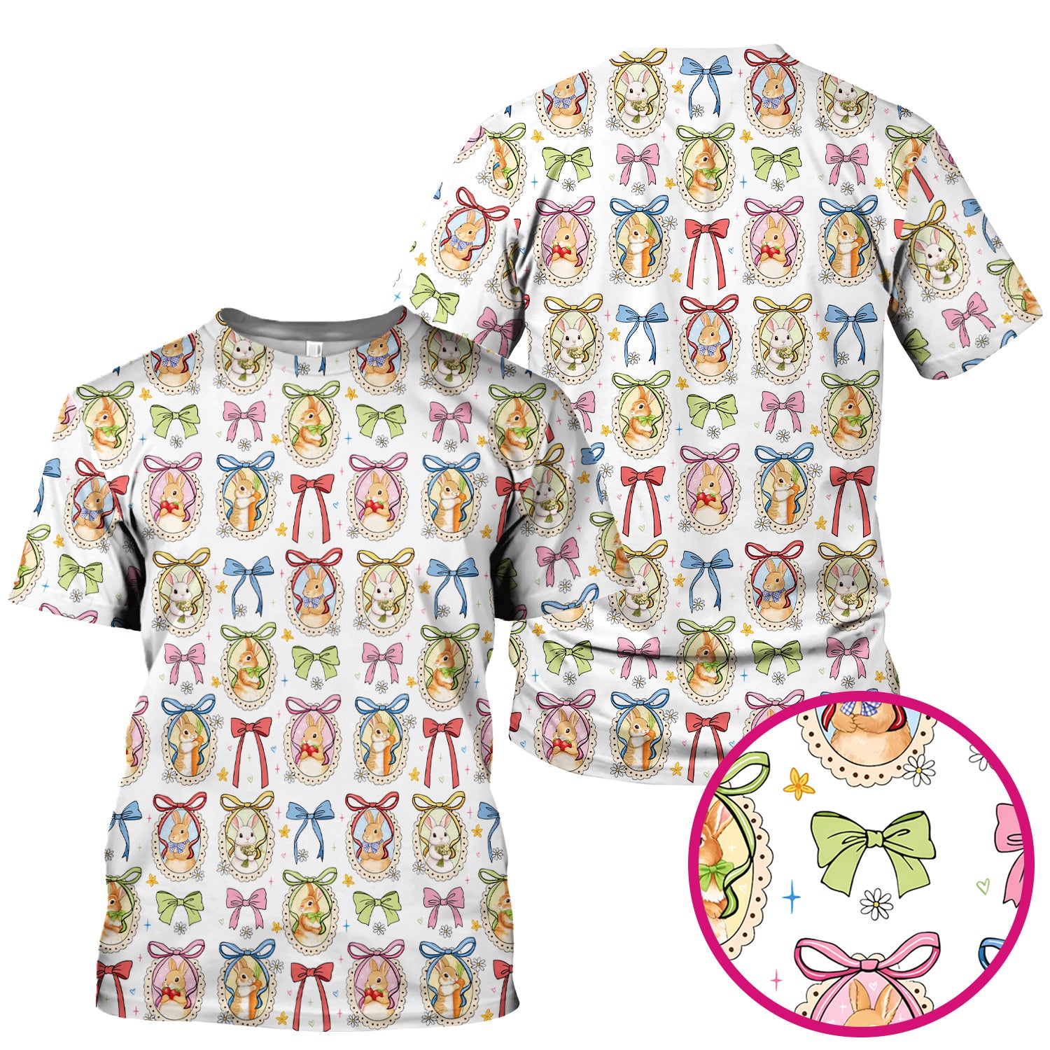 Cute Easter Bunny Cameo Colorful Bow Pattern Scrub Top, Breathable Fabrics Nursing Uniform