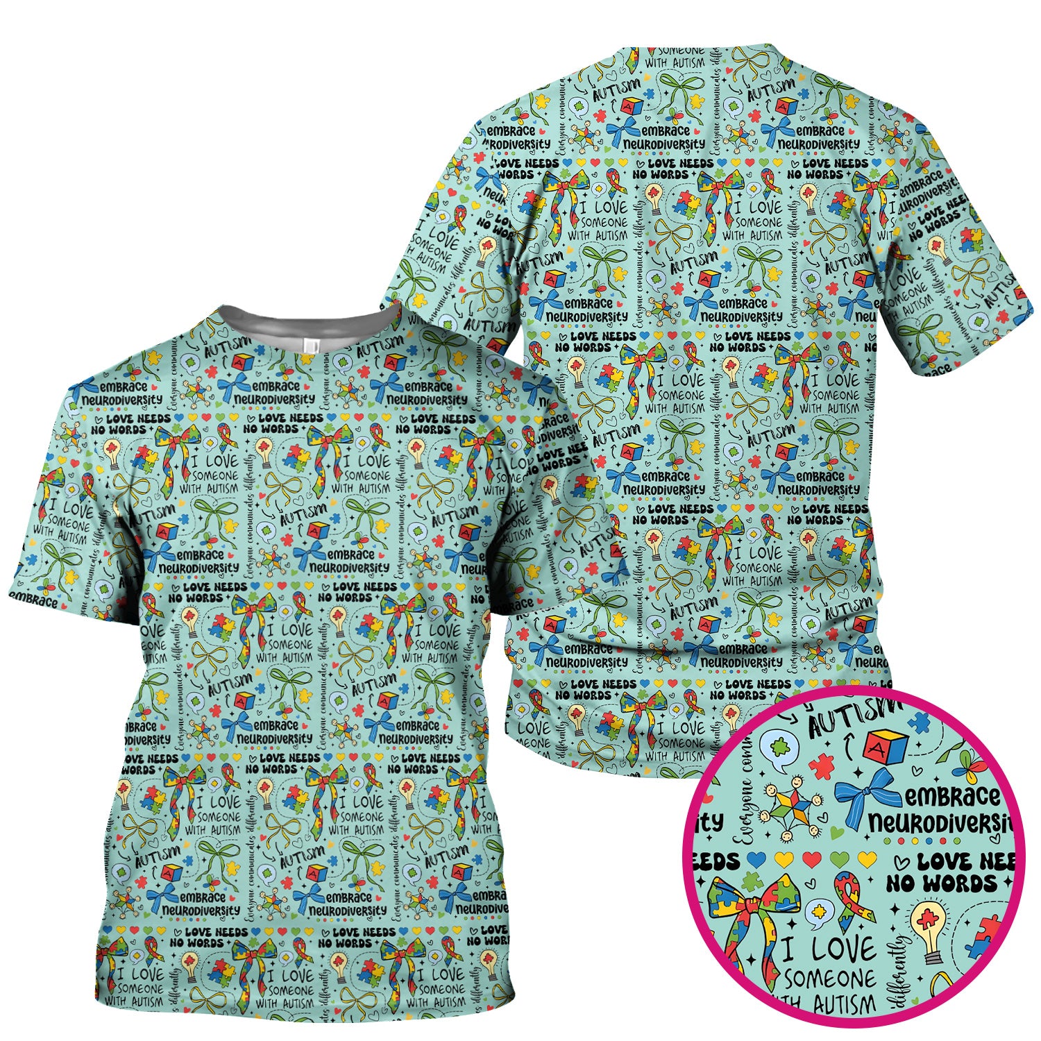 Autism Awareness Puzzle Ribbon Pattern Scrub Top, Breathable Fabrics Nursing Uniform