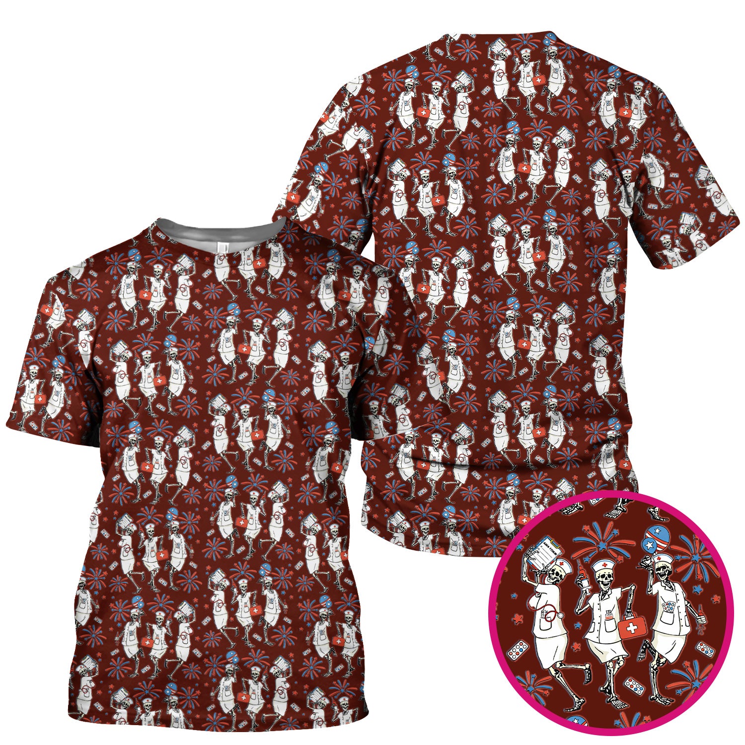 Funny Skeleton Nurse Patriotic Print Scrub Top, Halloween USA Fireworks Nursing Uniform for Women