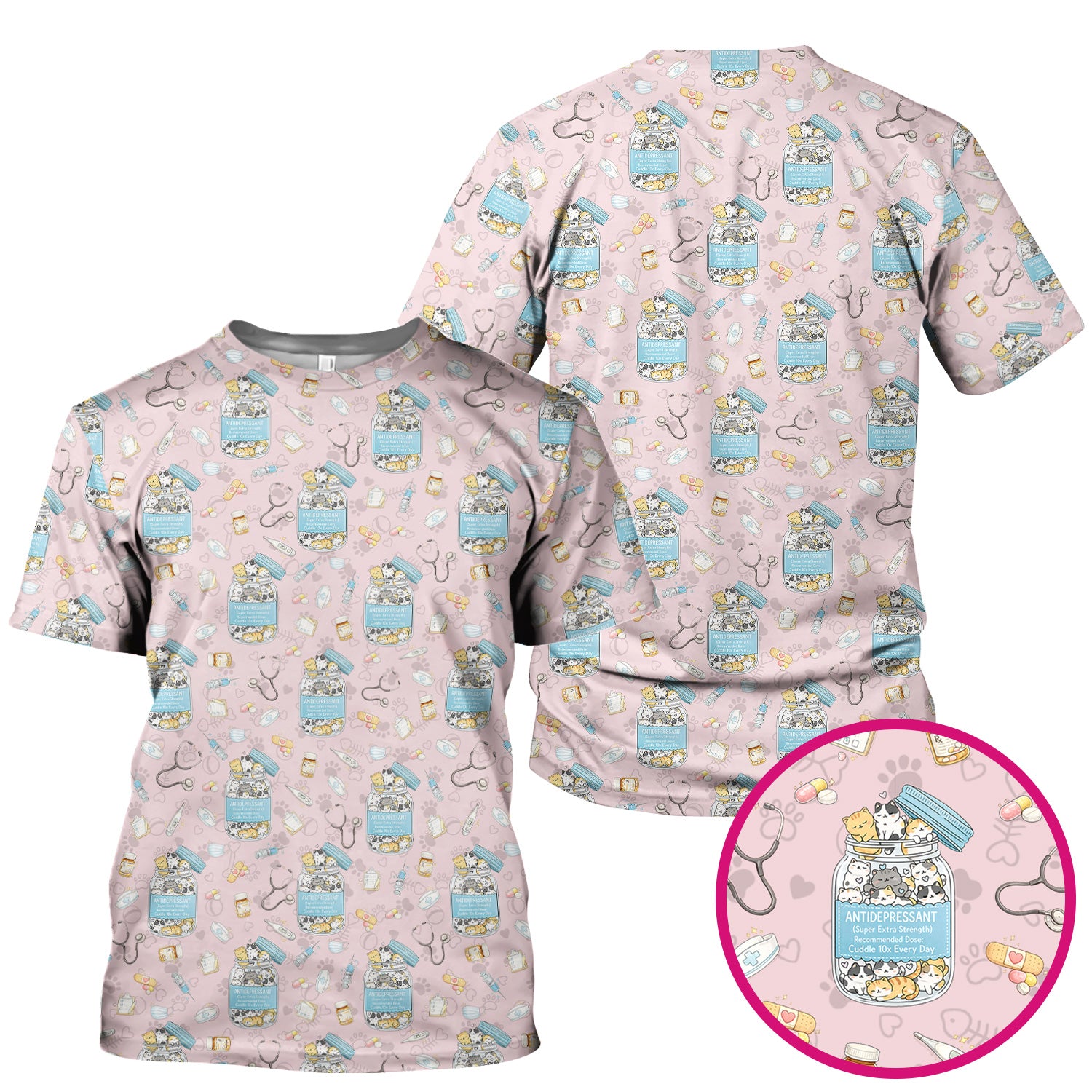 Cute Antidepressant Cat Jar Print Nurse Scrub Top, Breathable Fabrics Nursing Uniform